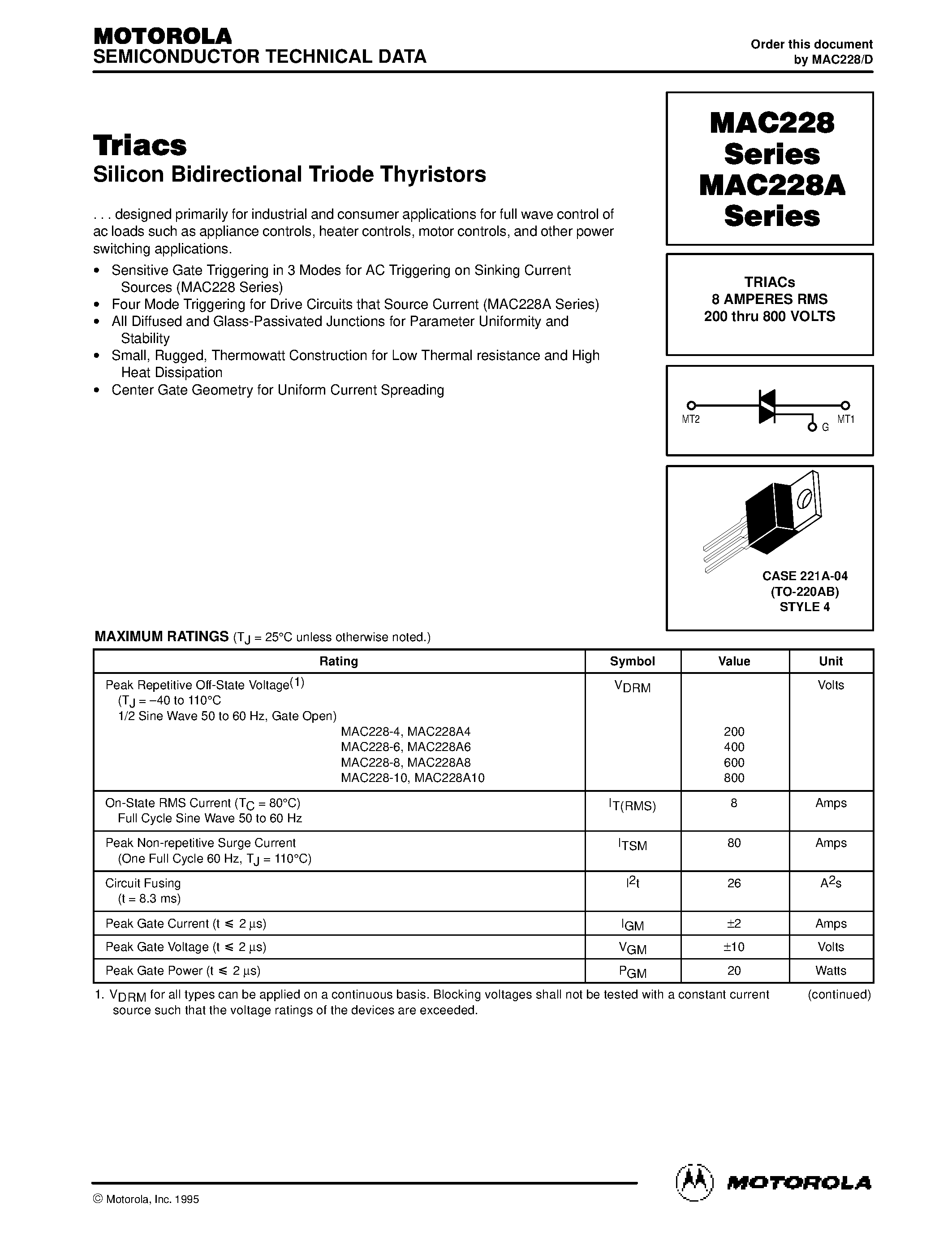 Даташит MAC228-6 - TRIACs 8 AMPERES RMS 200 thru 800 VOLTS страница 1