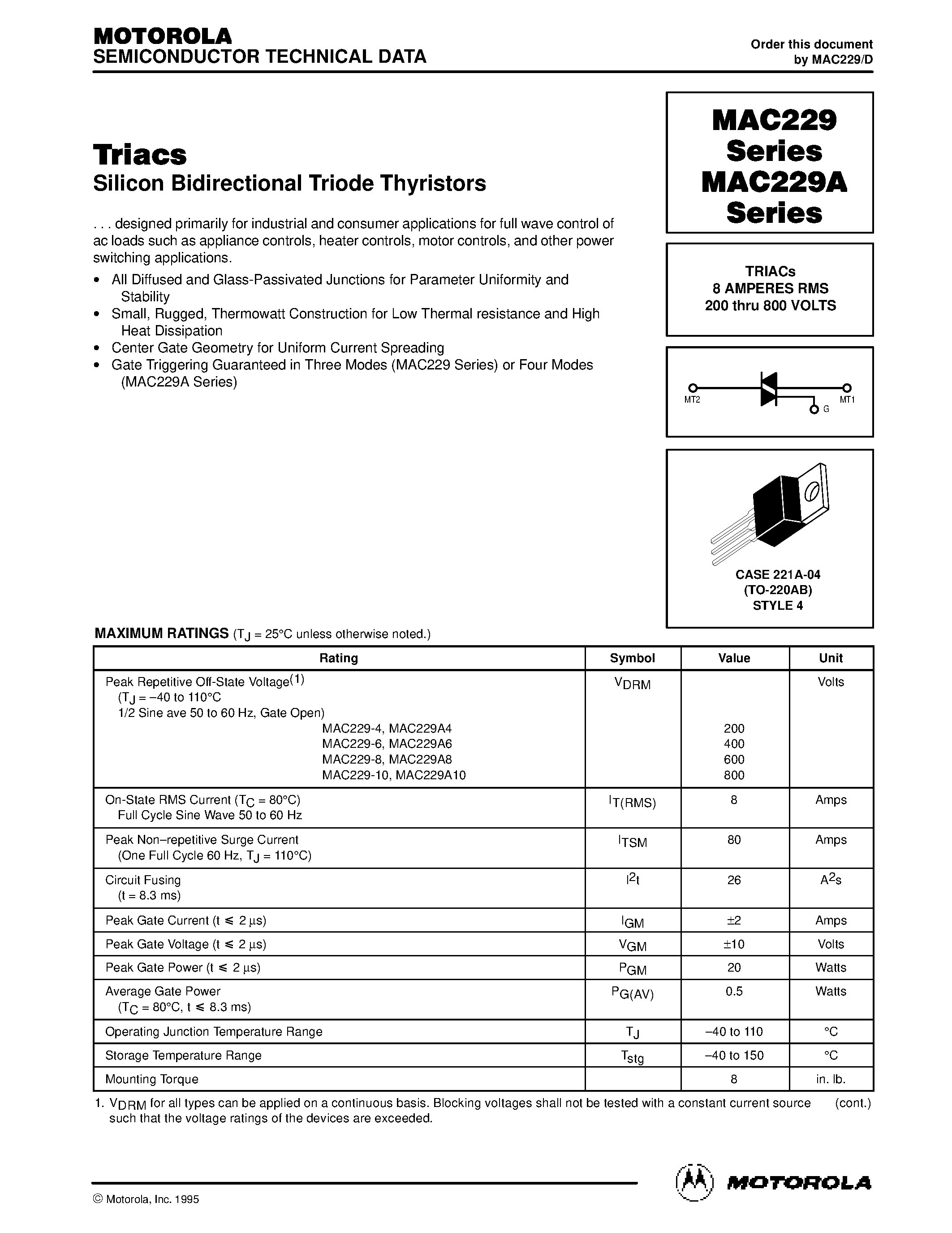 Даташит MAC229-6 - TRIACs 8 AMPERES RMS 200 thru 800 VOLTS страница 1