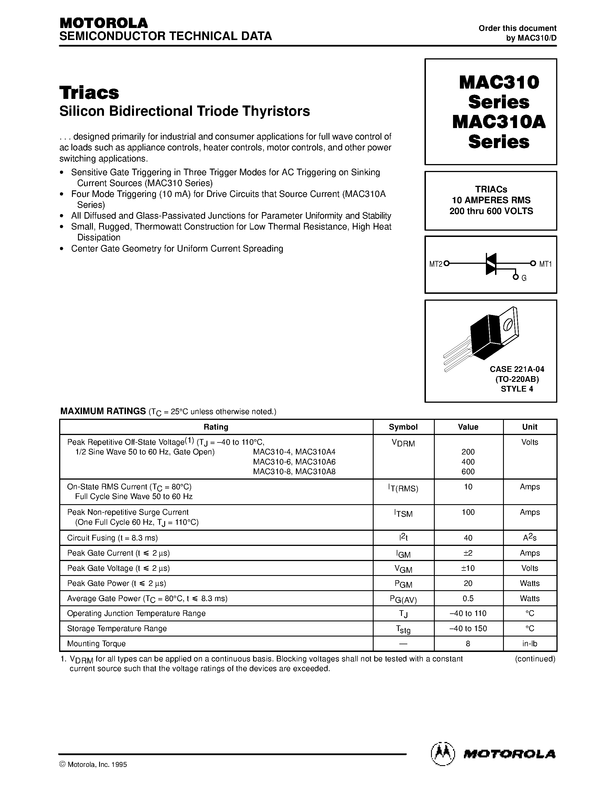 Даташит MAC310-6 - TRIACs 10 AMPERES RMS 200 thru 600 VOLTS страница 1