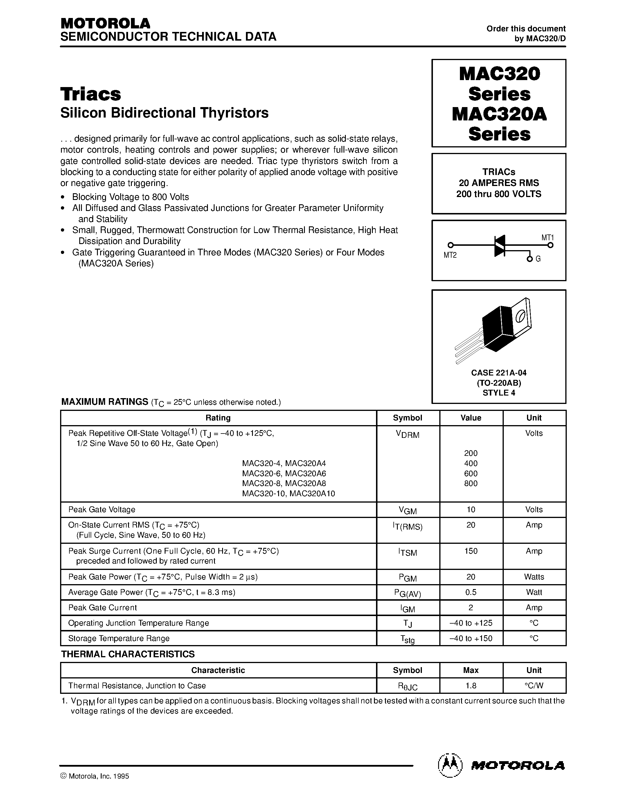 Даташит MAC320-6 - TRIACs 20 AMPERES RMS 200 thru 800 VOLTS страница 1