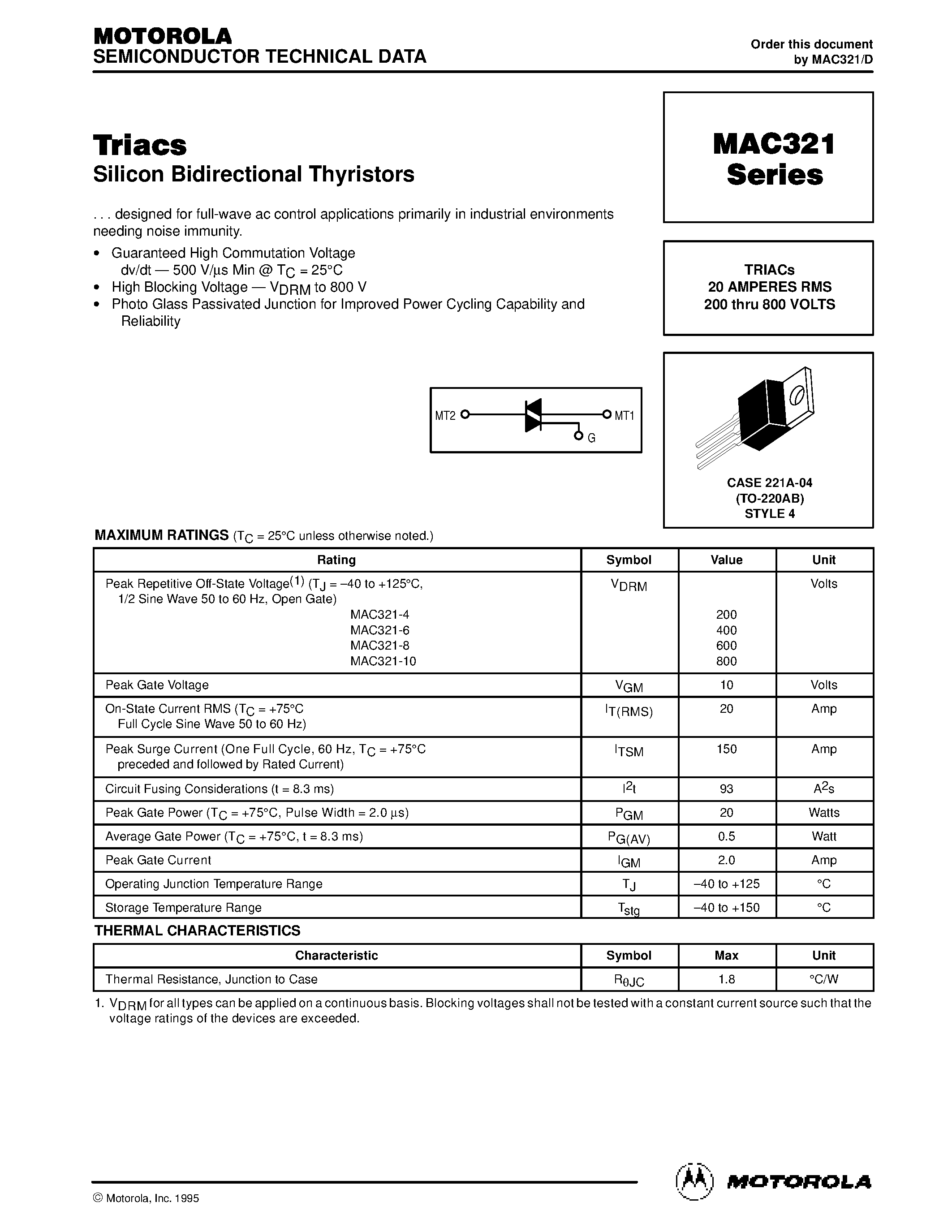 Даташит MAC321-6 - TRIACs 20 AMPERES RMS 200 thru 800 VOLTS страница 1