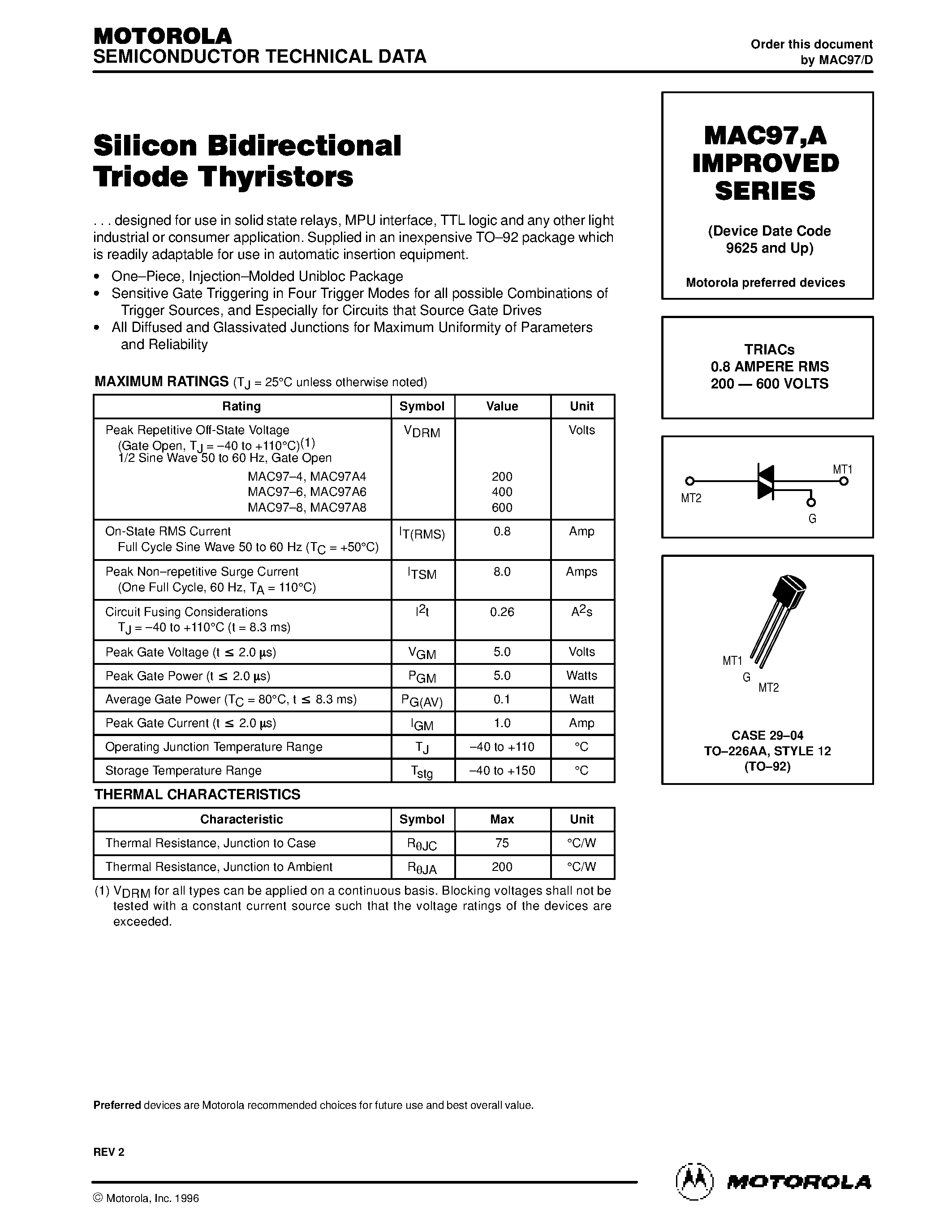 Даташит MAC97-6 - TRIACs 0.8 AMPERE RMS 200 - 600 VOLTS страница 1