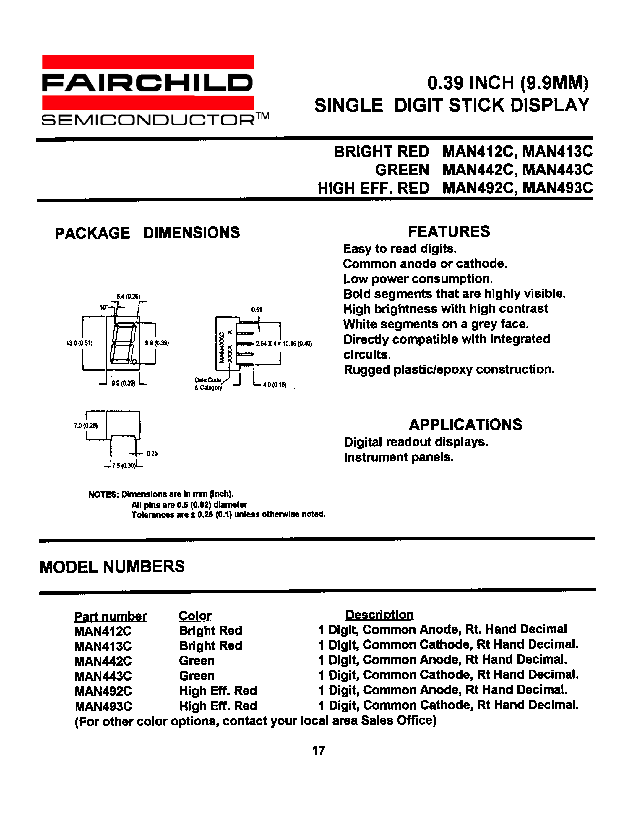 Даташит MAN412C - 0.39 INCH (9.9MM) SINGLE DIGIT STICK DISPLAY страница 1