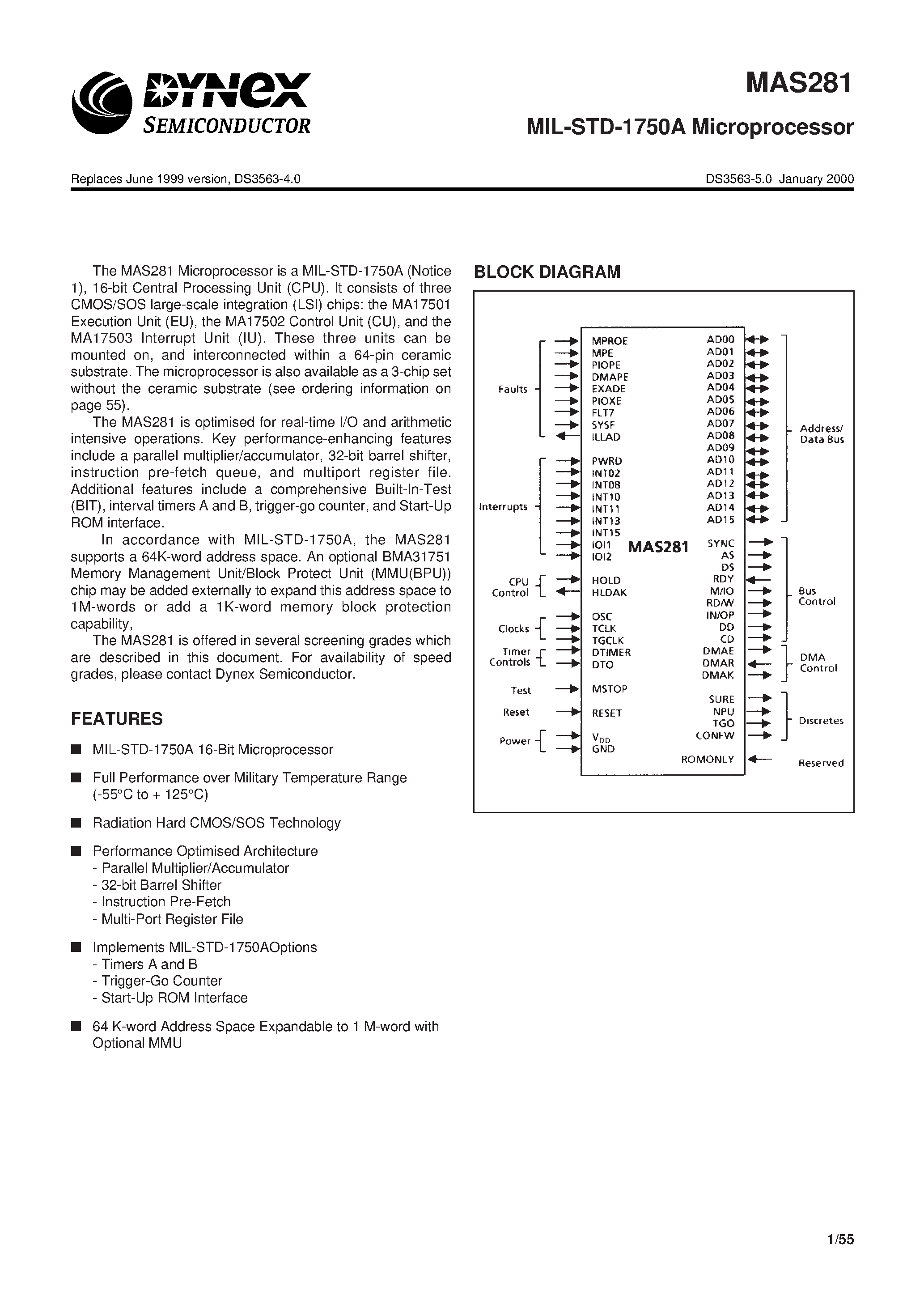 Даташит MAS281 - MIL-STD-1750A Microprocessor страница 1