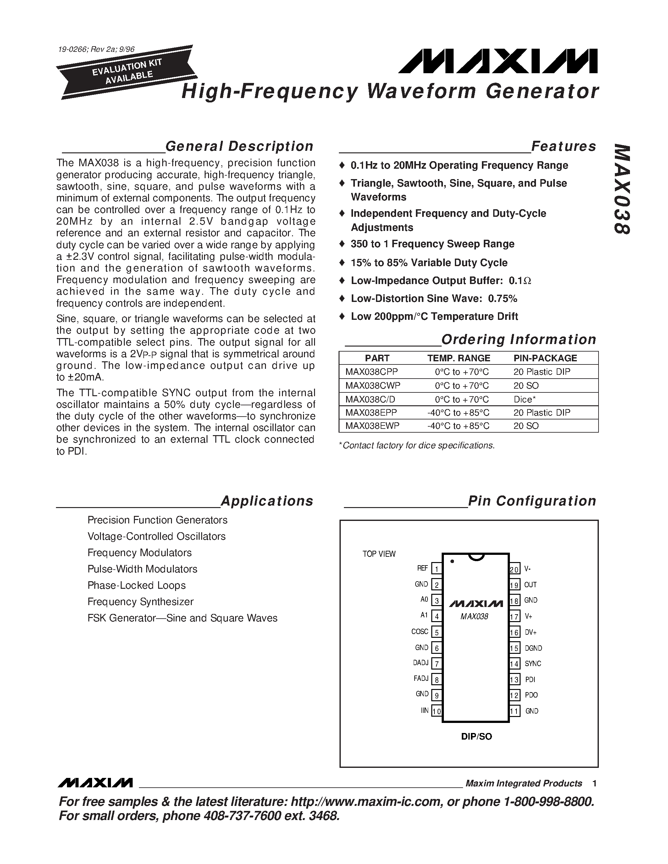 Datasheet MAX038C/D - High-Frequency Waveform Generator page 1