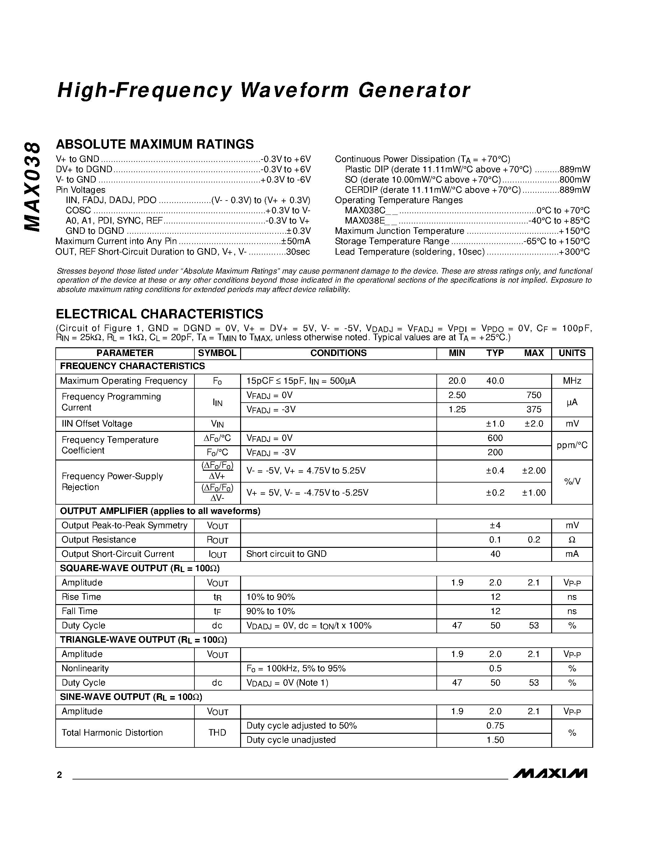 Datasheet MAX038C/D - High-Frequency Waveform Generator page 2