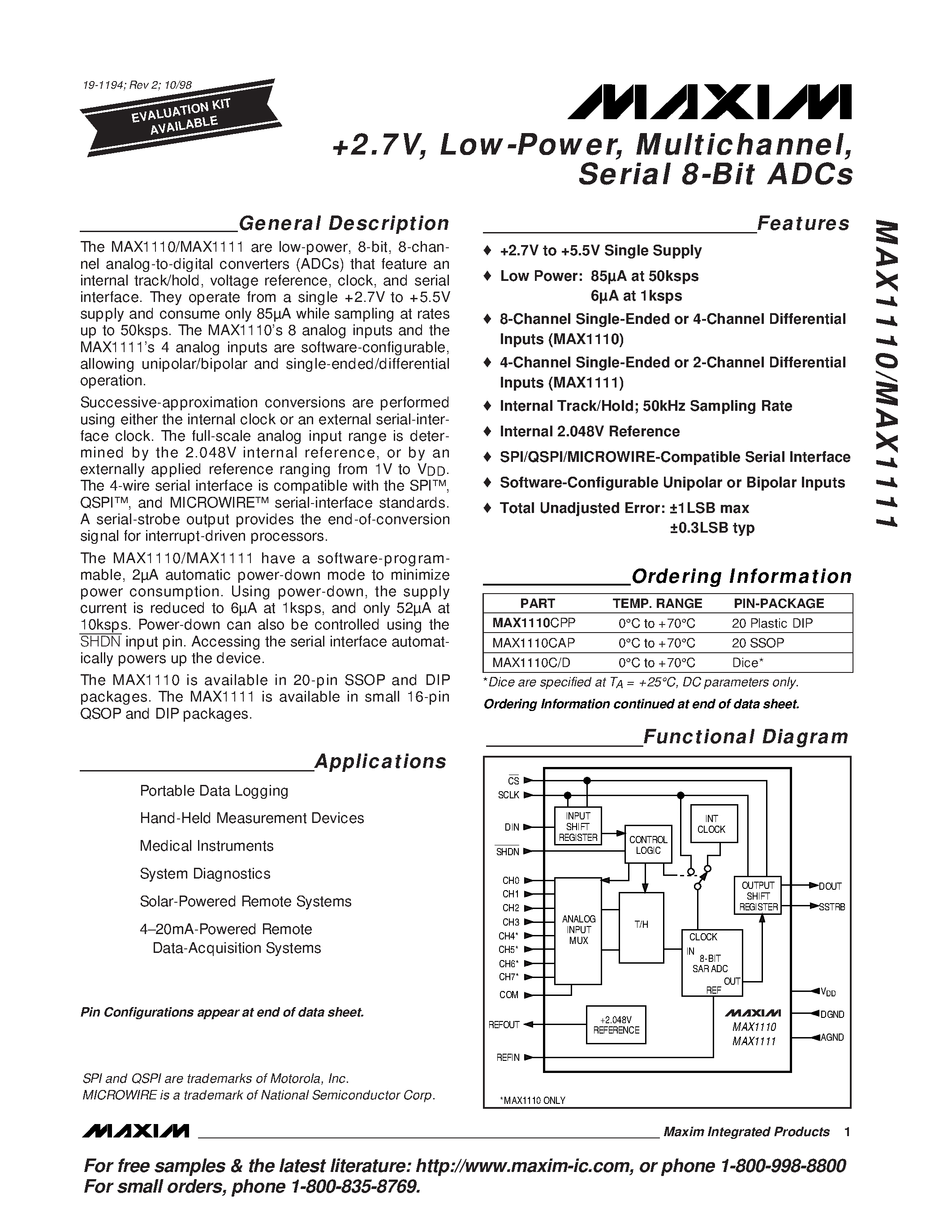 Datasheet MAX1110C/D - +2.7V / Low-Power / Multichannel / Serial 8-Bit ADCs page 1