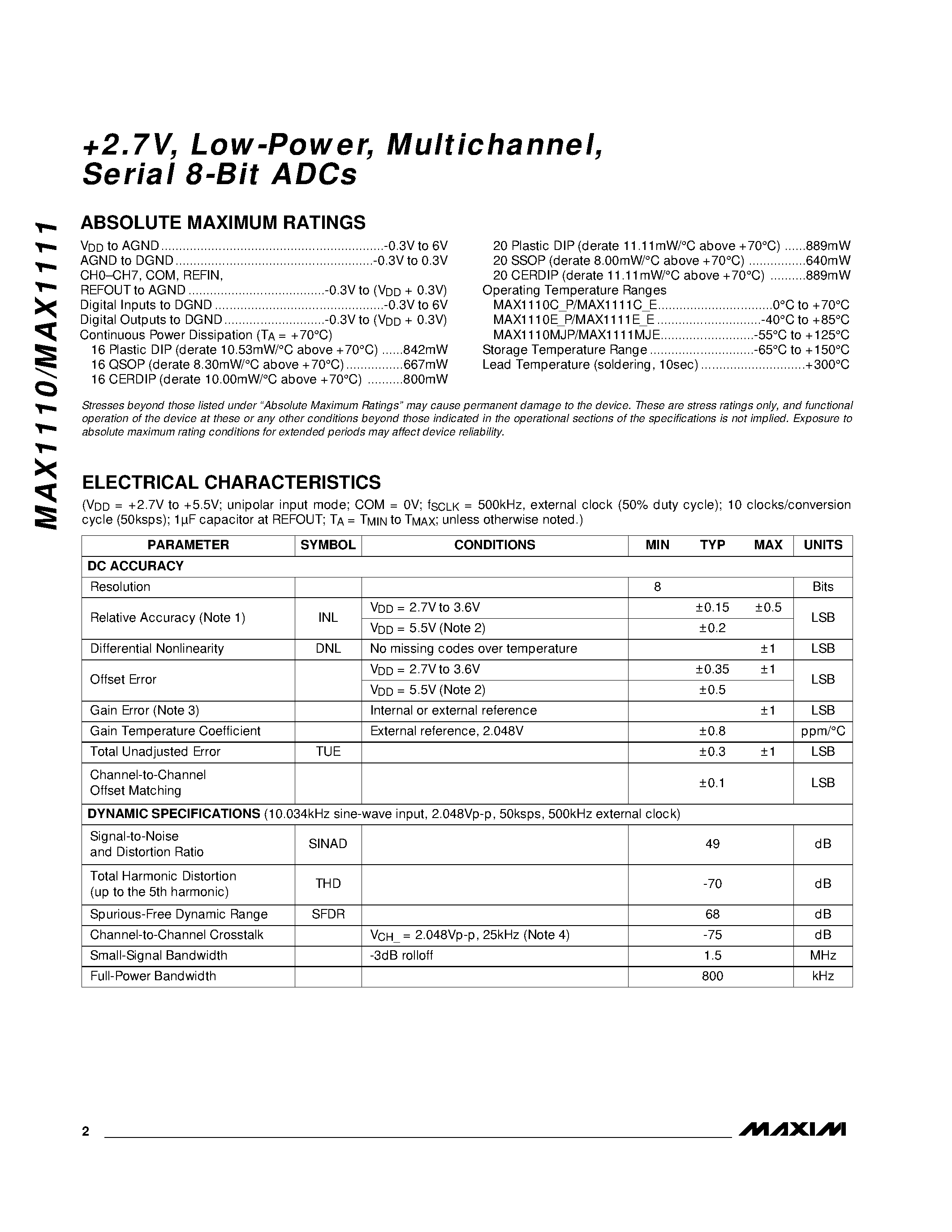 Datasheet MAX1110C/D - +2.7V / Low-Power / Multichannel / Serial 8-Bit ADCs page 2