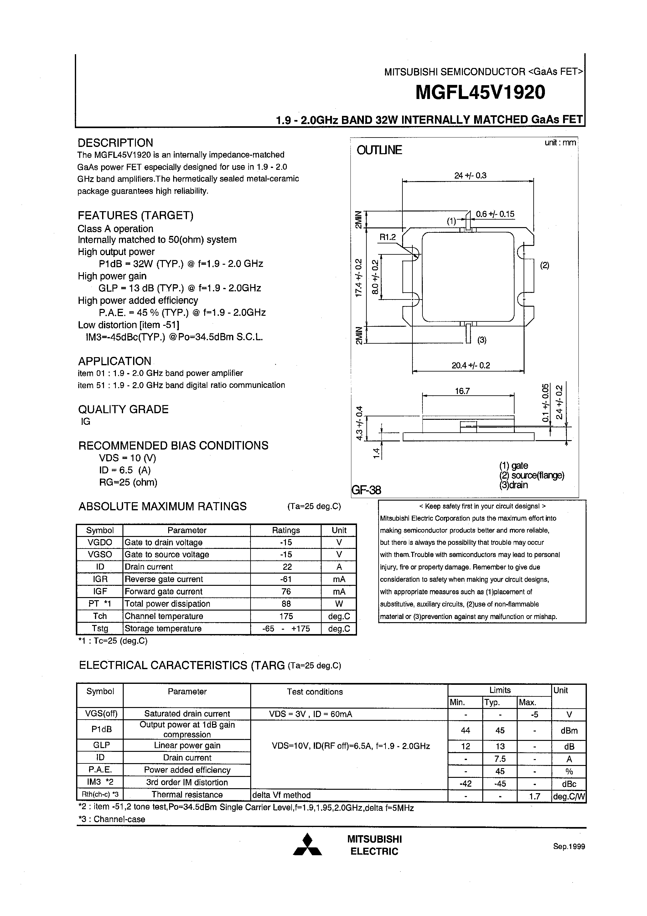 Даташит MGFL45V1920 - 1.9-2.0GHz BAND 32W INTERNALLY MATCHD GaAs FET страница 1