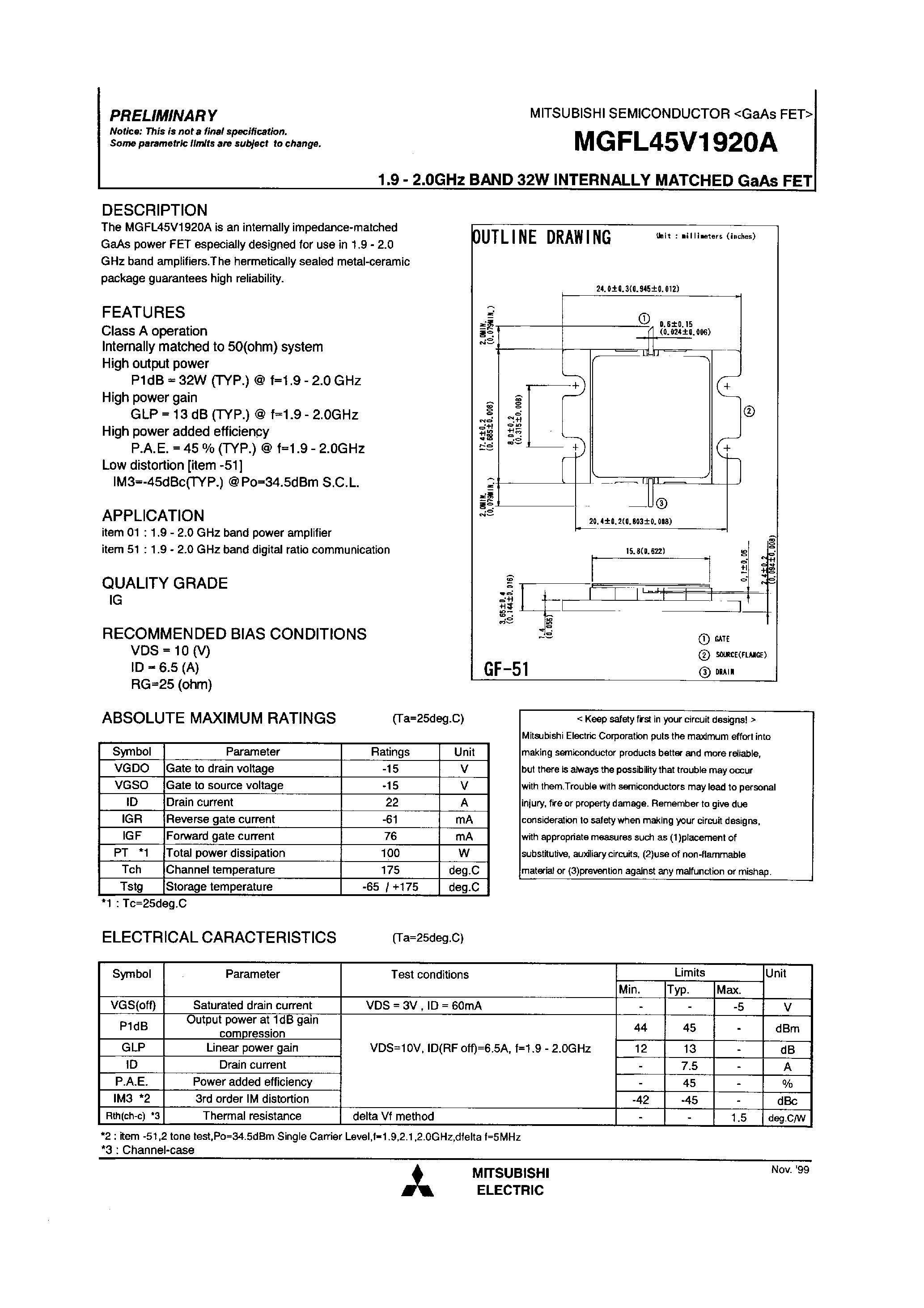 Даташит MGFL45V1920A - 1.9-2.0GHz BAND 32W INTERNALLY MATCHD GaAs FET страница 1