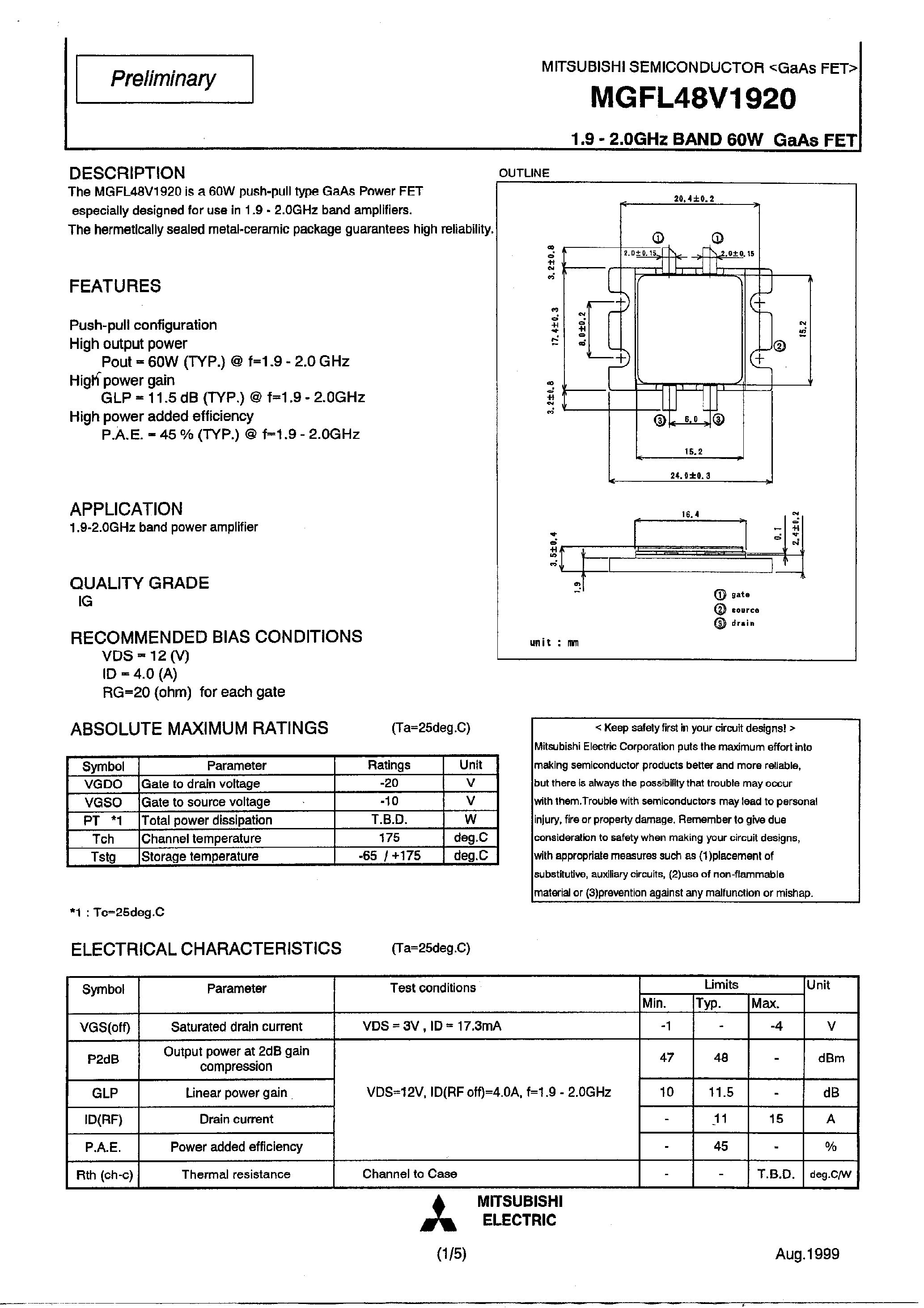 Даташит MGFL48L1920 - 1.9-2.0GHz BAND 60W GaAs FET страница 1