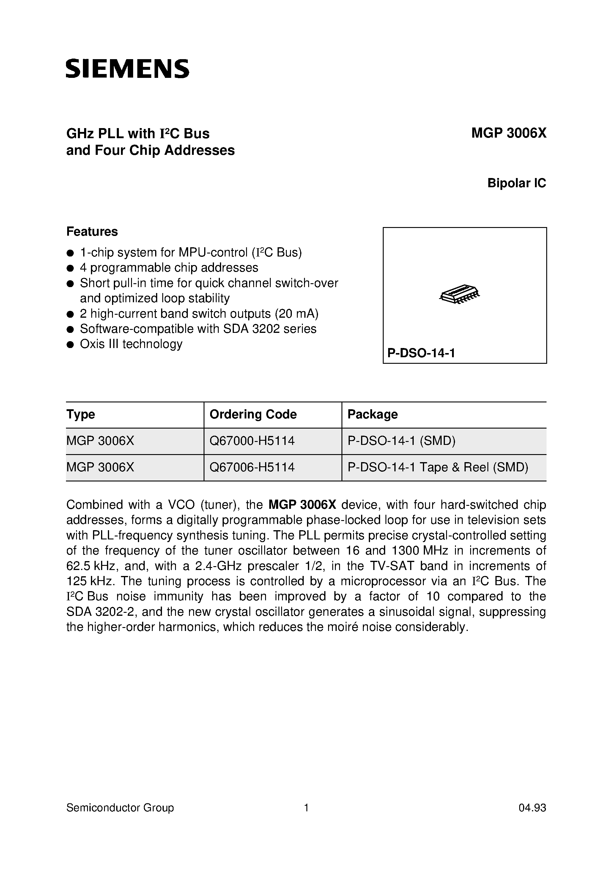 Даташит MGP3006 - GHz PLL with I2C Bus and Four Chip Addresses страница 1