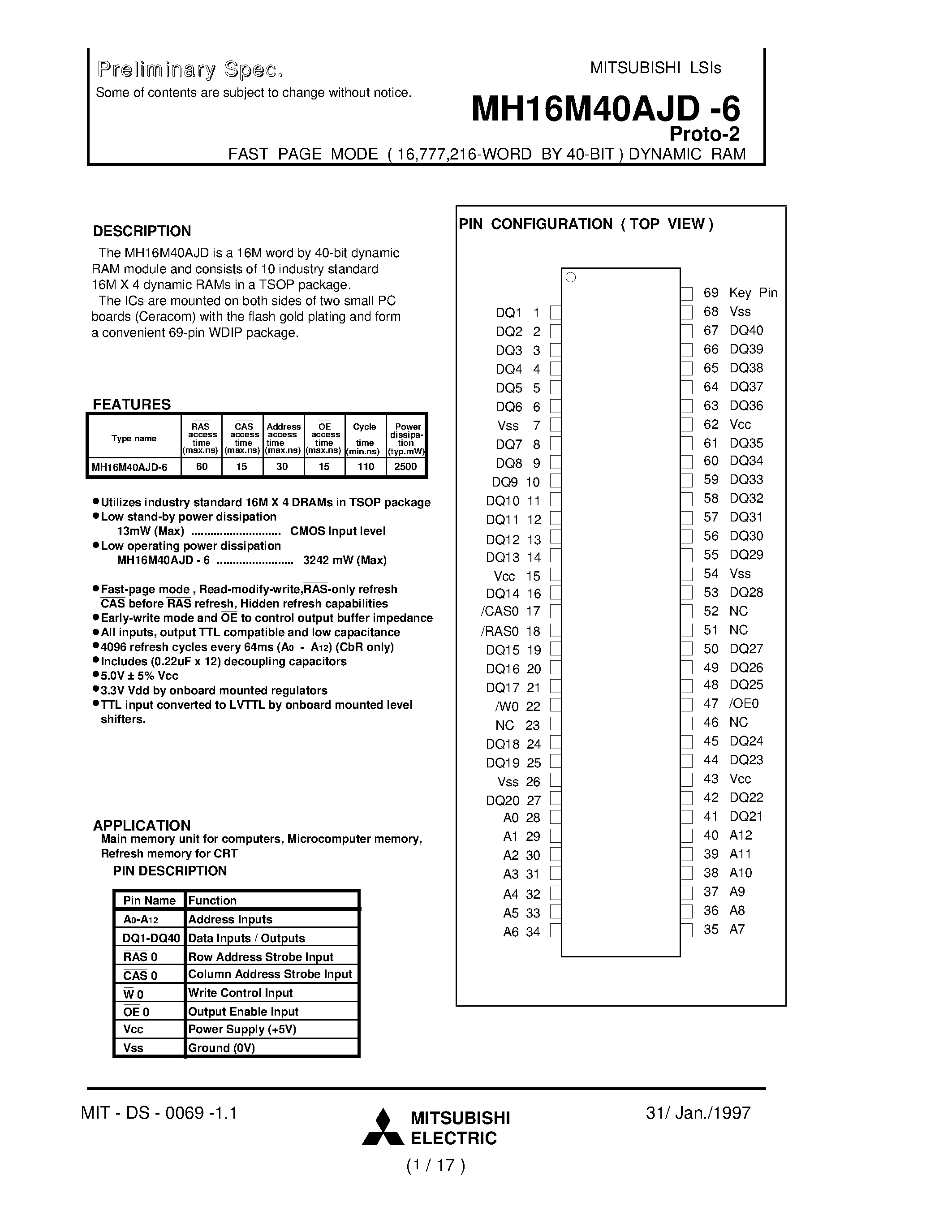 Даташит MH16M40AJD-6 - FAST PAGE MODE ( 16 /777 /216-WORD BY 40-BIT ) DYNAMIC RAM страница 1