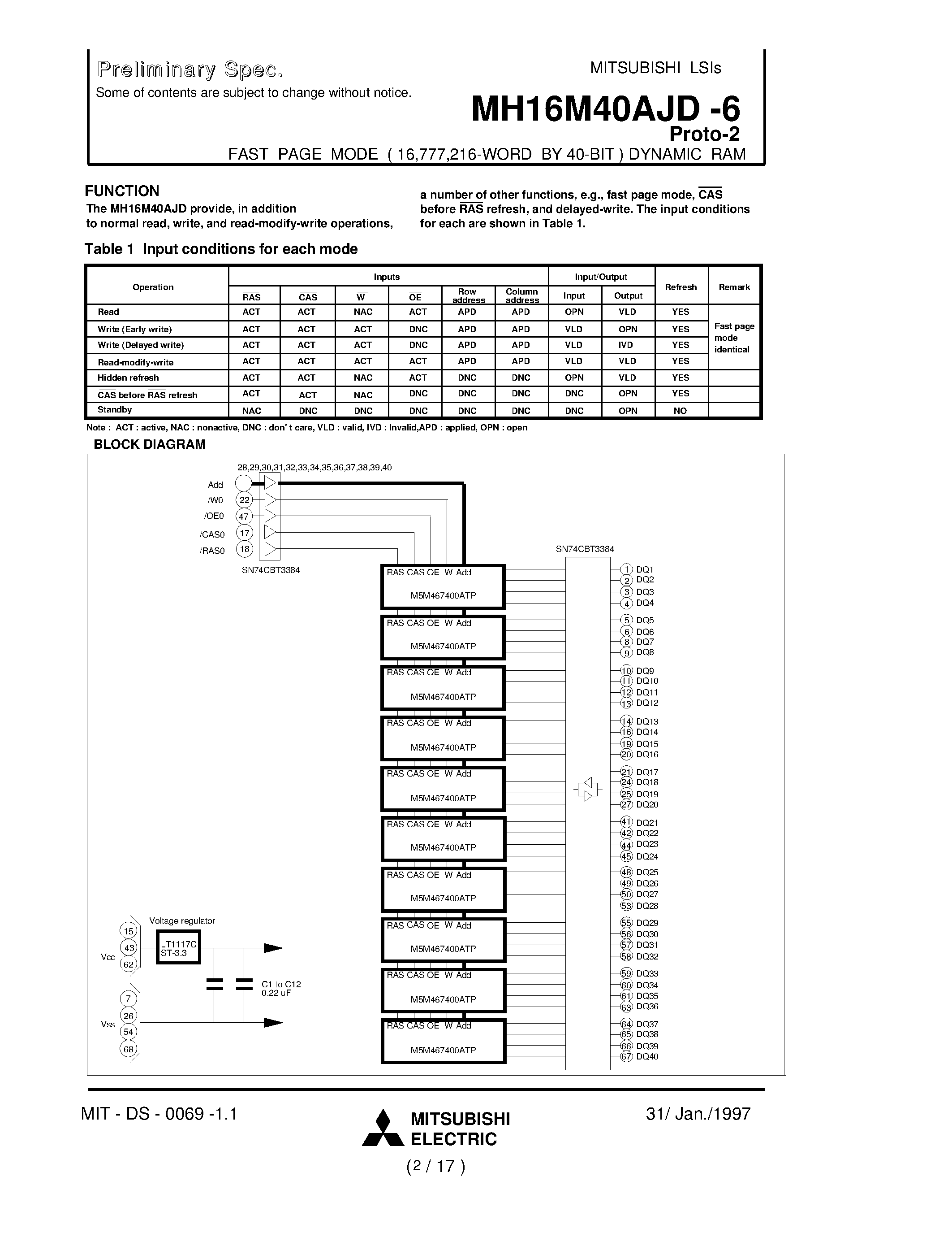 Даташит MH16M40AJD-6 - FAST PAGE MODE ( 16 /777 /216-WORD BY 40-BIT ) DYNAMIC RAM страница 2