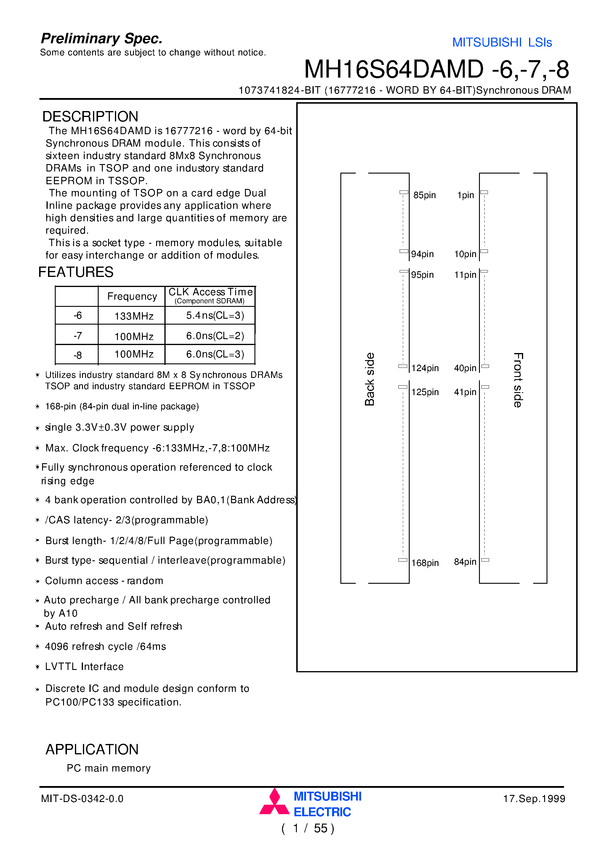 Даташит MH16S64DAMD-6 - 1073741824-BIT (16777216 - WORD BY 64-BIT)Synchronous DRAM страница 1