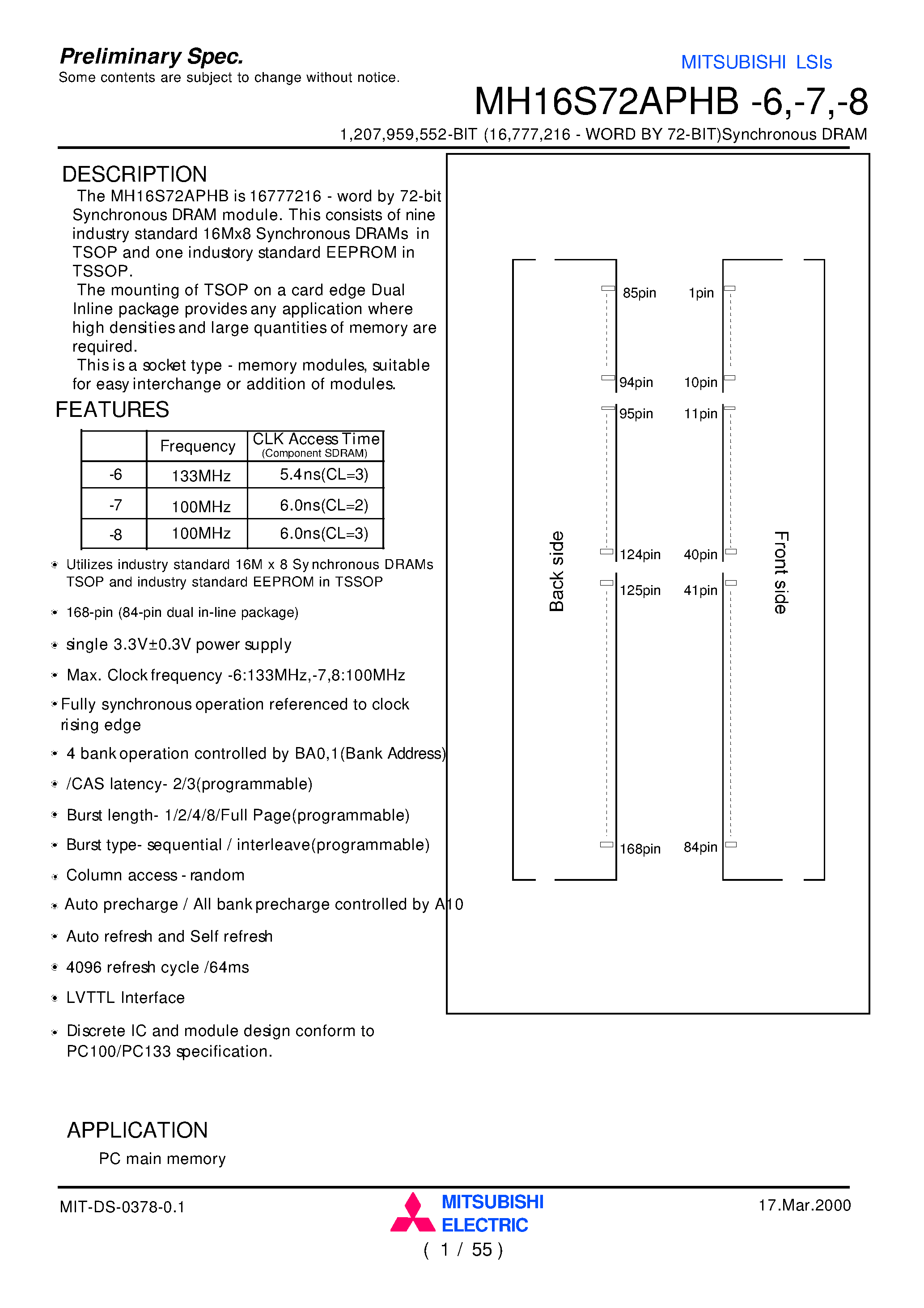 Даташит MH16S72APHB-6 - 1 /207 /959 /552-BIT (16 /777 /216 - WORD BY 72-BIT)Synchronous DRAM страница 1