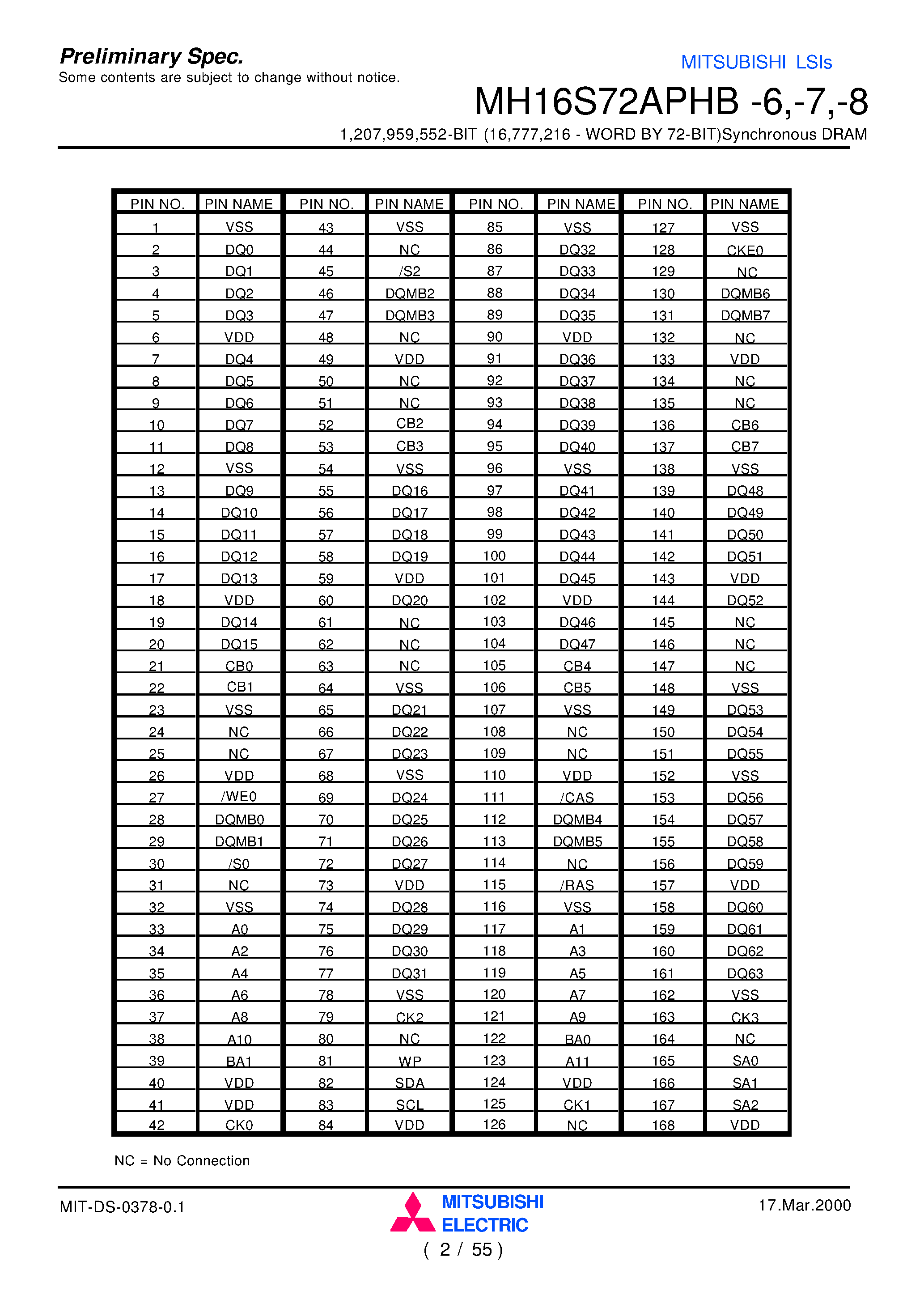 Даташит MH16S72APHB-6 - 1 /207 /959 /552-BIT (16 /777 /216 - WORD BY 72-BIT)Synchronous DRAM страница 2