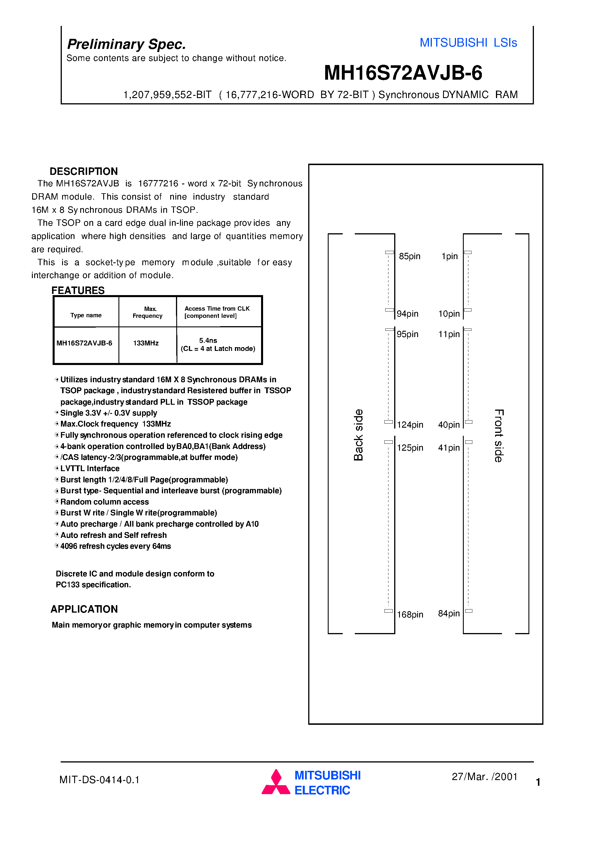 Даташит MH16S72AVJB-6 - 1 /207 /959 /552-BIT ( 16 /777 /216-WORD BY 72-BIT ) Synchronous DYNAMIC RAM страница 1