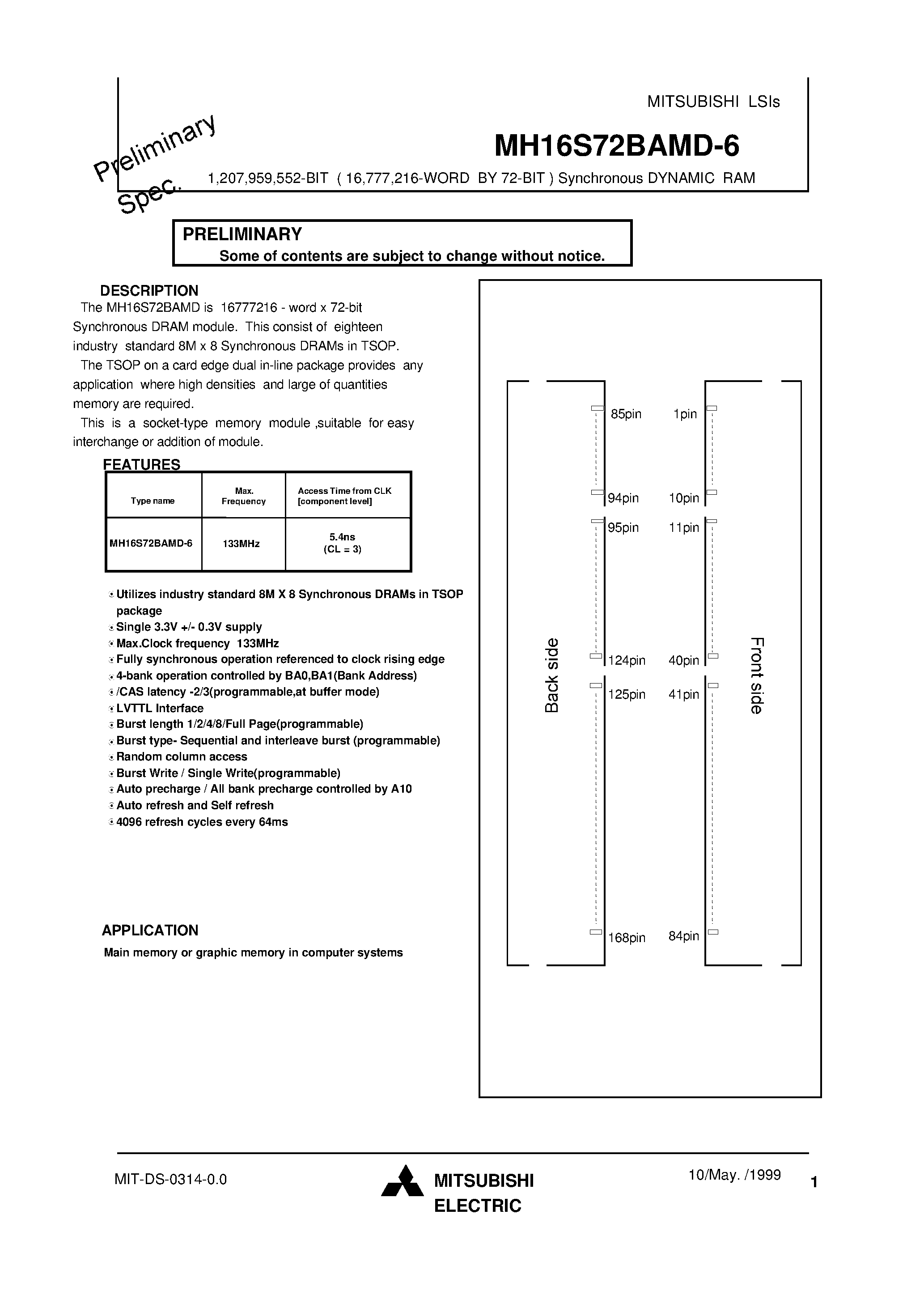 Даташит MH16S72BAMD-6 - 1 /207 /959 /552-BIT ( 16 /777 /216-WORD BY 72-BIT ) Synchronous DYNAMIC RAM страница 1