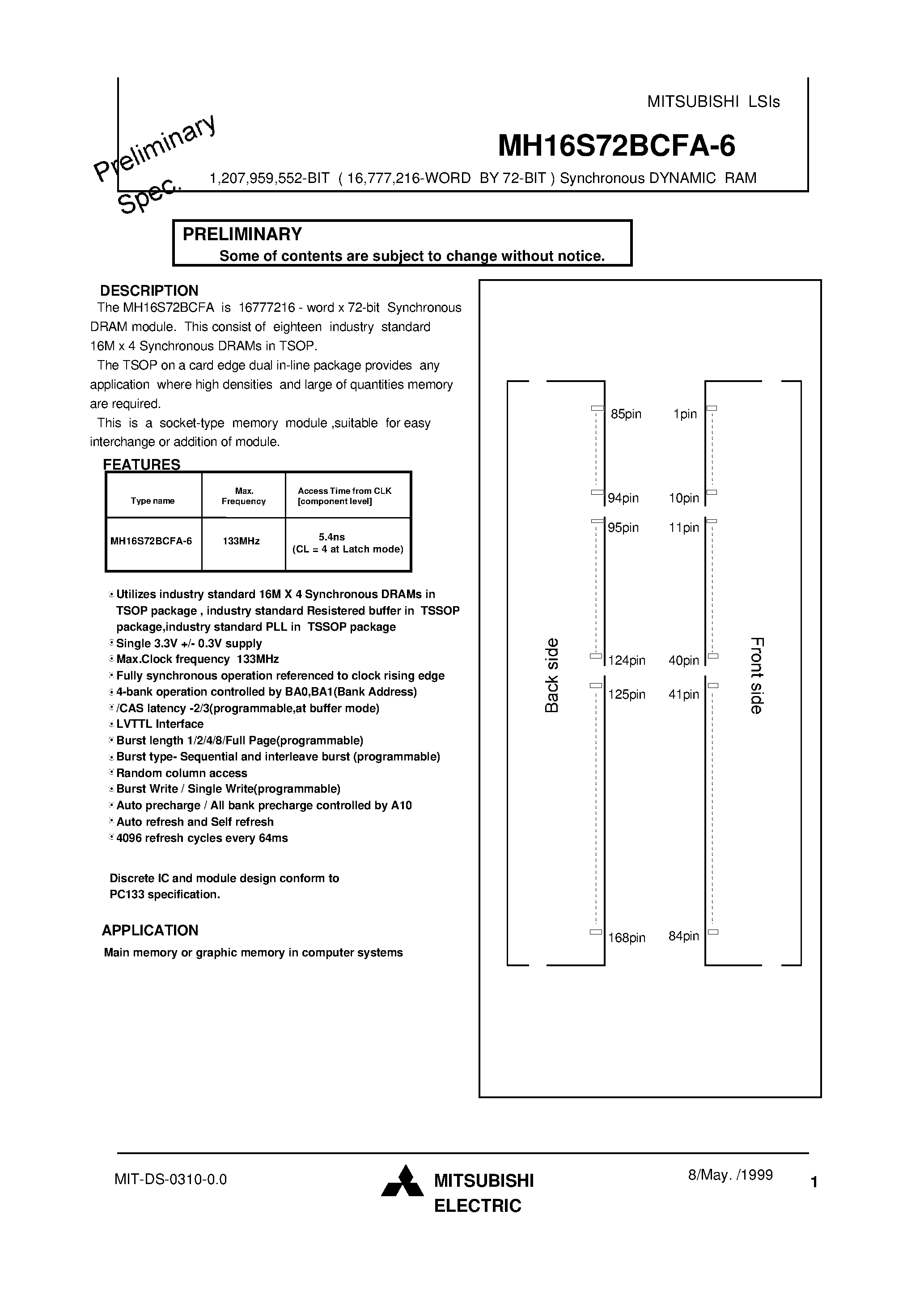 Даташит MH16S72BCFA-6 - 1 /207 /959 /552-BIT ( 16 /777 /216-WORD BY 72-BIT ) Synchronous DYNAMIC RAM страница 1