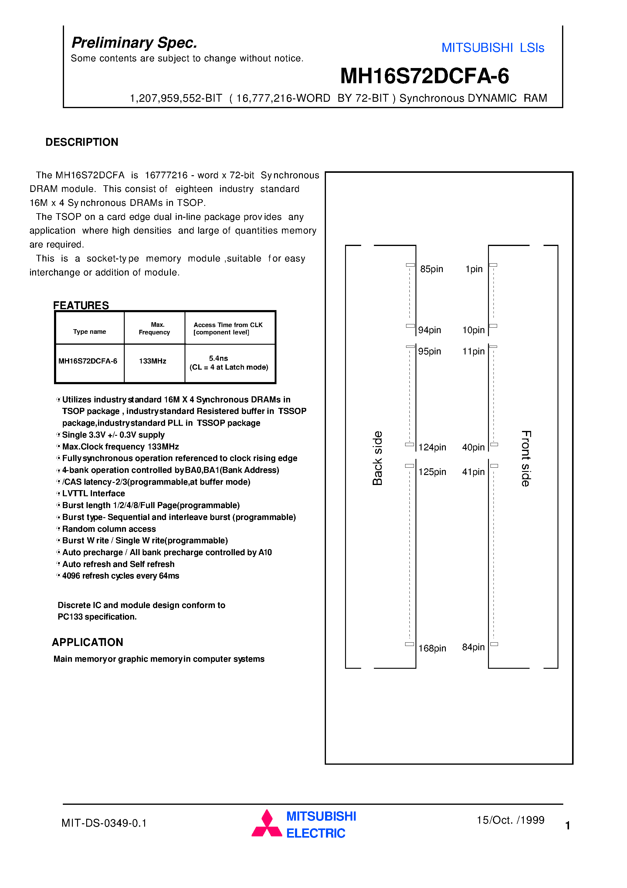 Даташит MH16S72DCFA-6 - 1 /207 /959 /552-BIT ( 16 /777 /216-WORD BY 72-BIT ) Synchronous DYNAMIC RAM страница 1