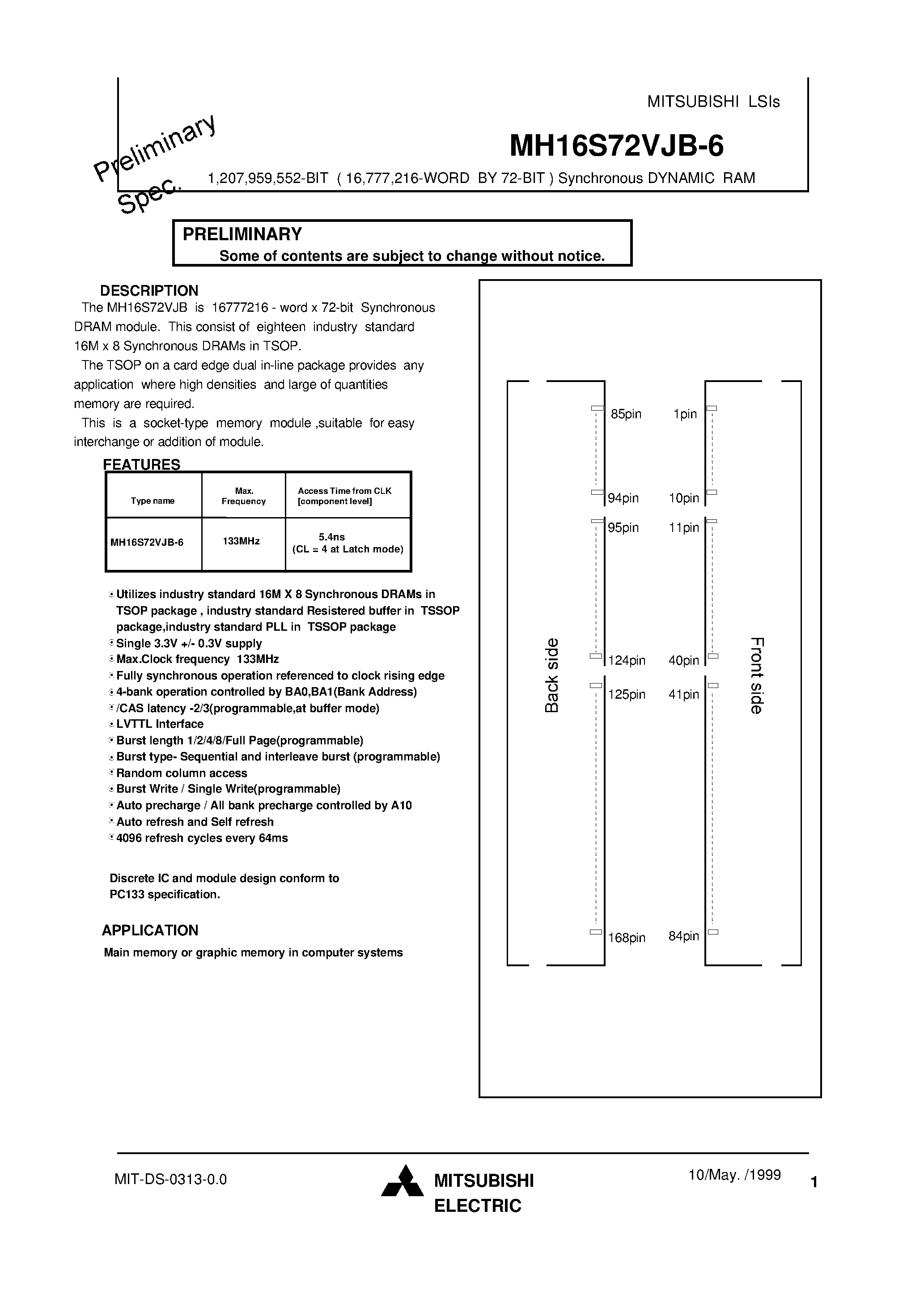 Даташит MH16S72VJB-6 - 1 /207 /959 /552-BIT ( 16 /777 /216-WORD BY 72-BIT ) Synchronous DYNAMIC RAM страница 1