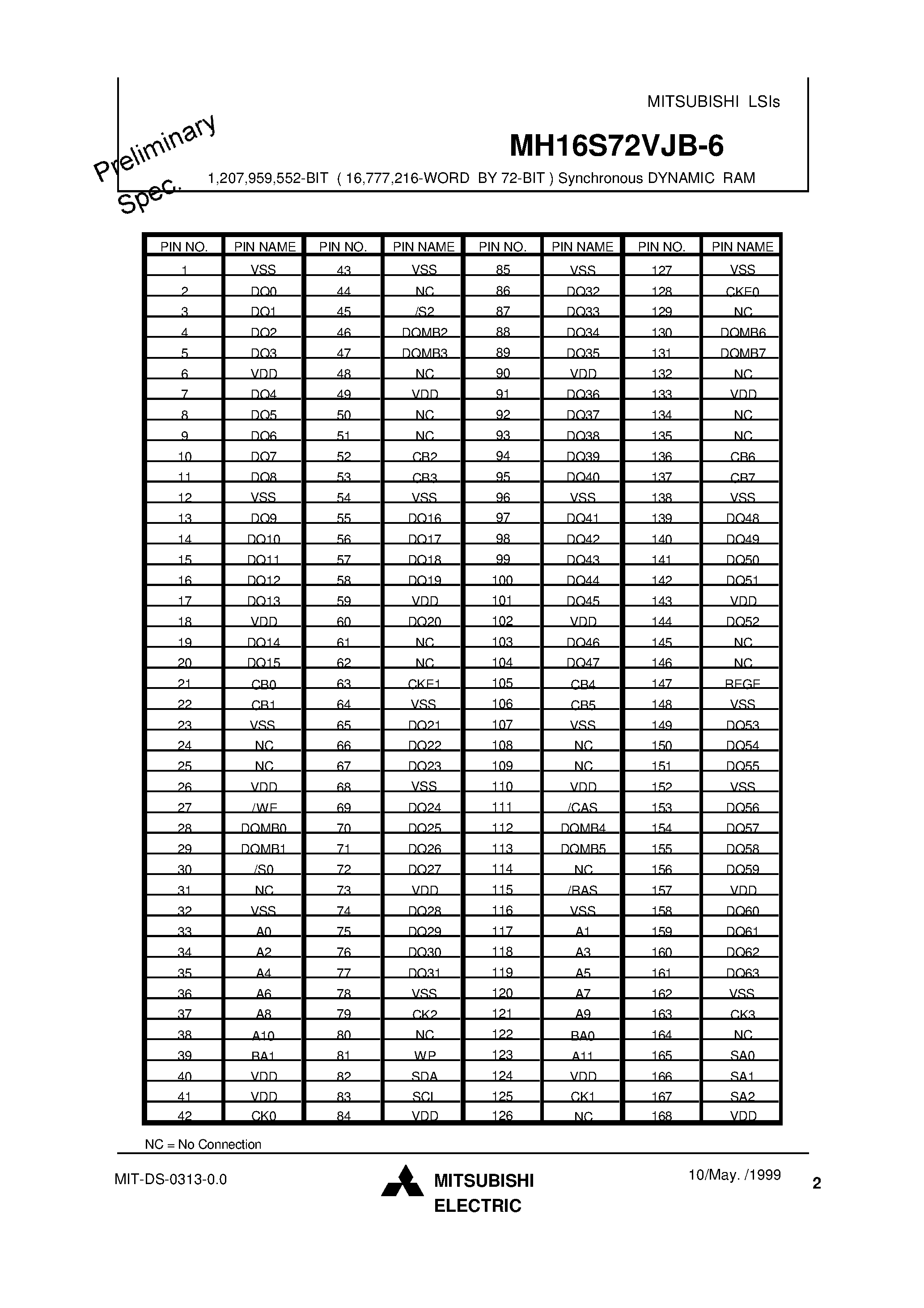 Даташит MH16S72VJB-6 - 1 /207 /959 /552-BIT ( 16 /777 /216-WORD BY 72-BIT ) Synchronous DYNAMIC RAM страница 2