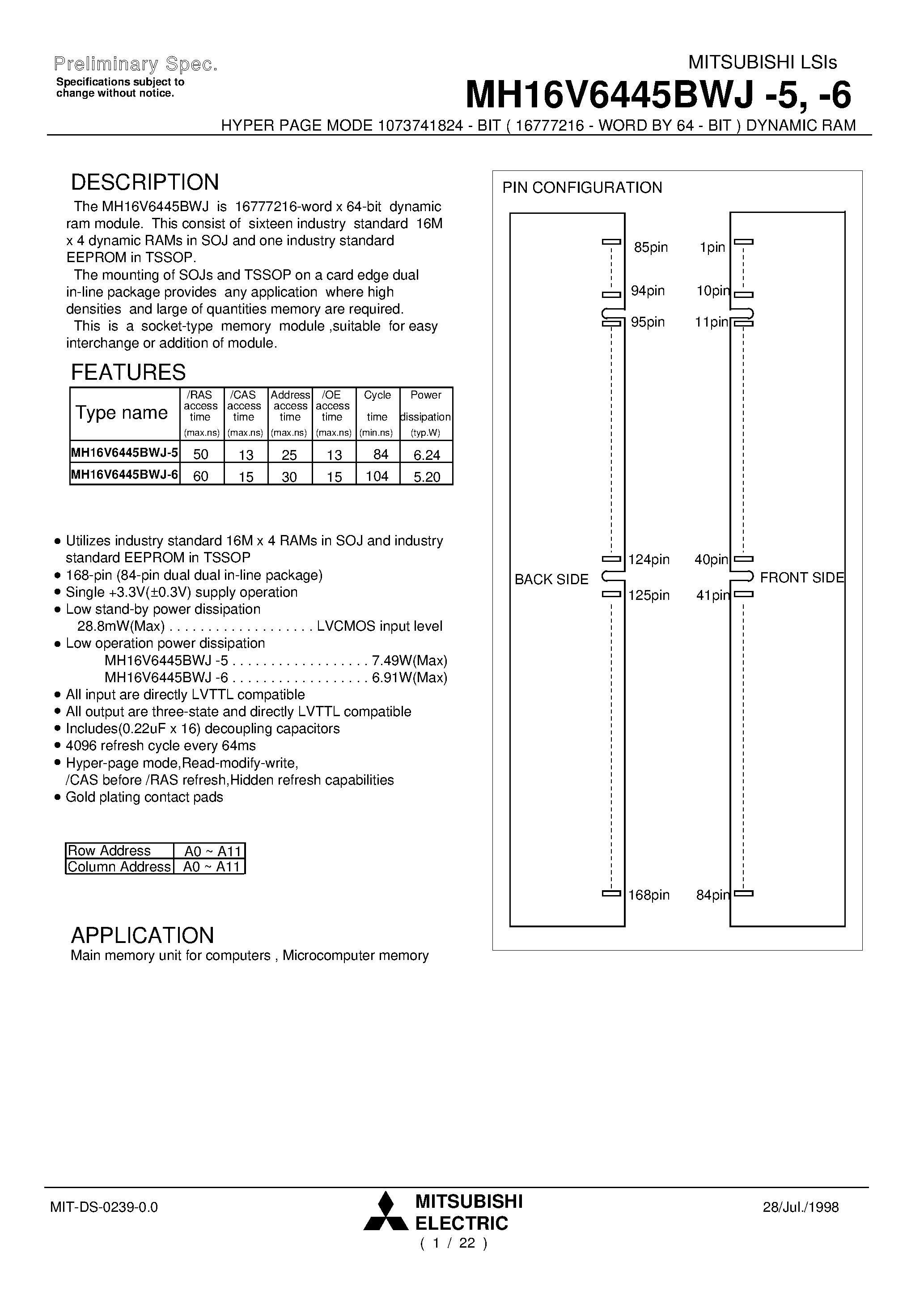 Даташит MH16V6445BWJ-6 - HYPER PAGE MODE 1073741824 - BIT ( 16777216 - WORD BY 64 - BIT ) DYNAMIC RAM страница 1