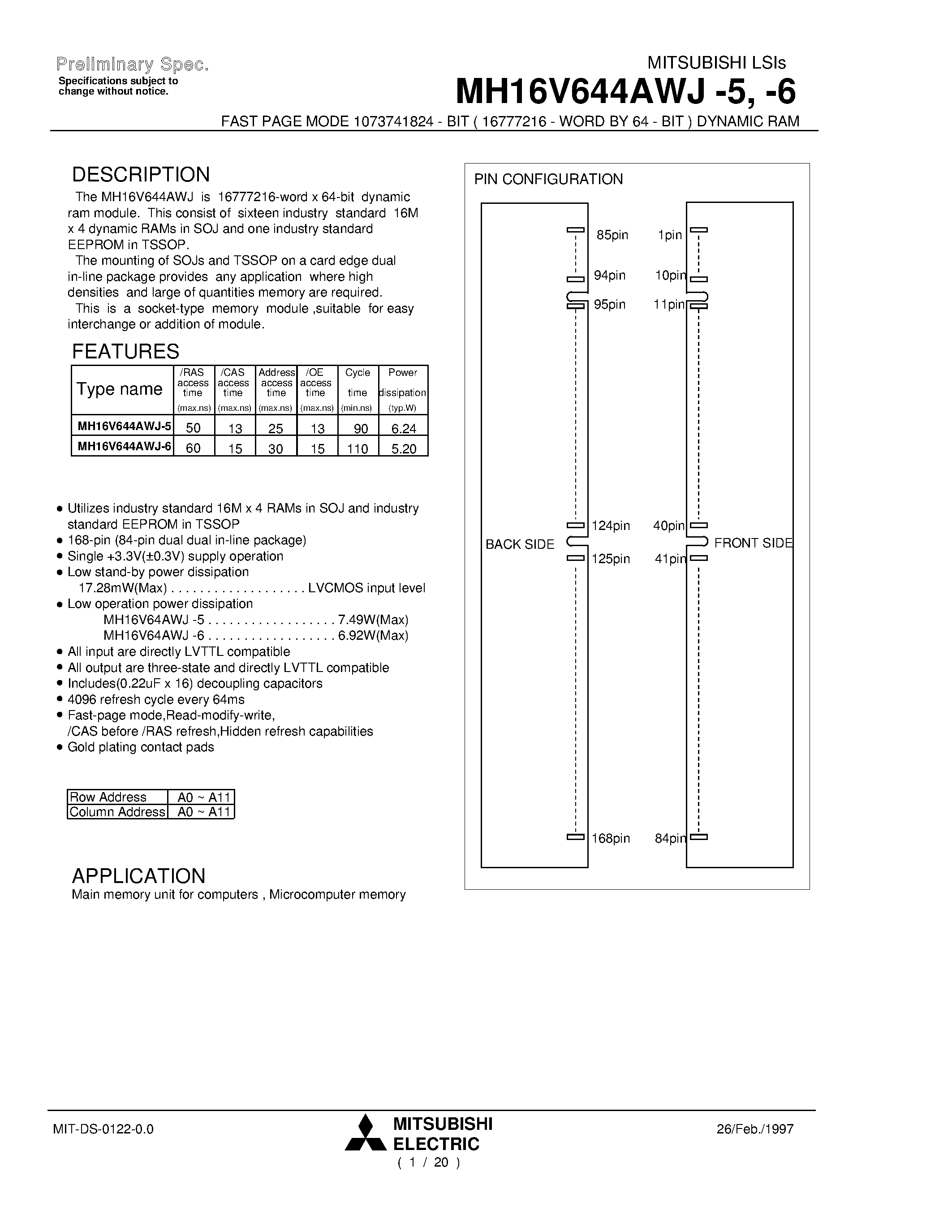 Даташит MH16V644AWJ-6 - FAST PAGE MODE 1073741824 - BIT ( 16777216 - WORD BY 64 - BIT ) DYNAMIC RAM страница 1