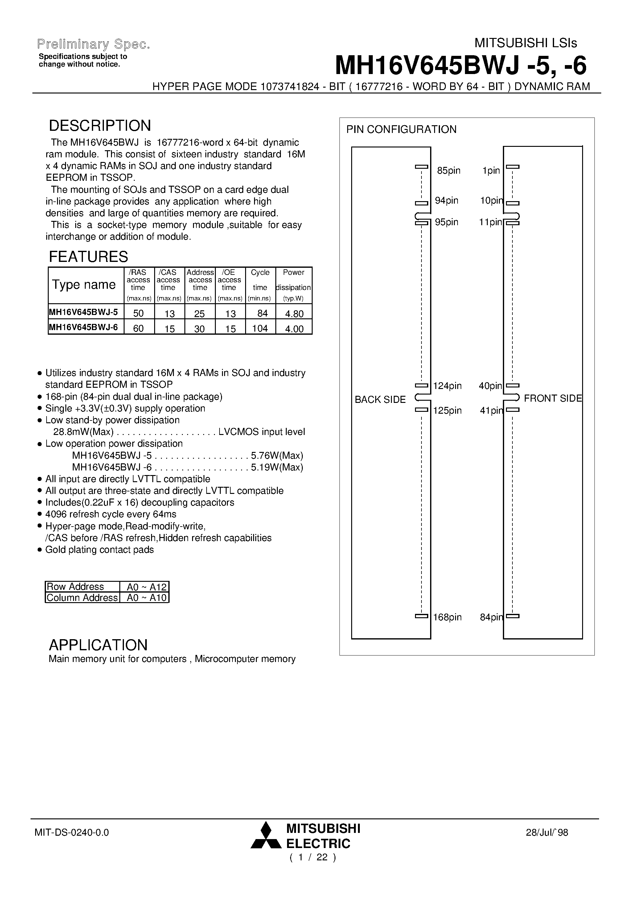 Даташит MH16V645BWJ-6 - HYPER PAGE MODE 1073741824 - BIT ( 16777216 - WORD BY 64 - BIT ) DYNAMIC RAM страница 1