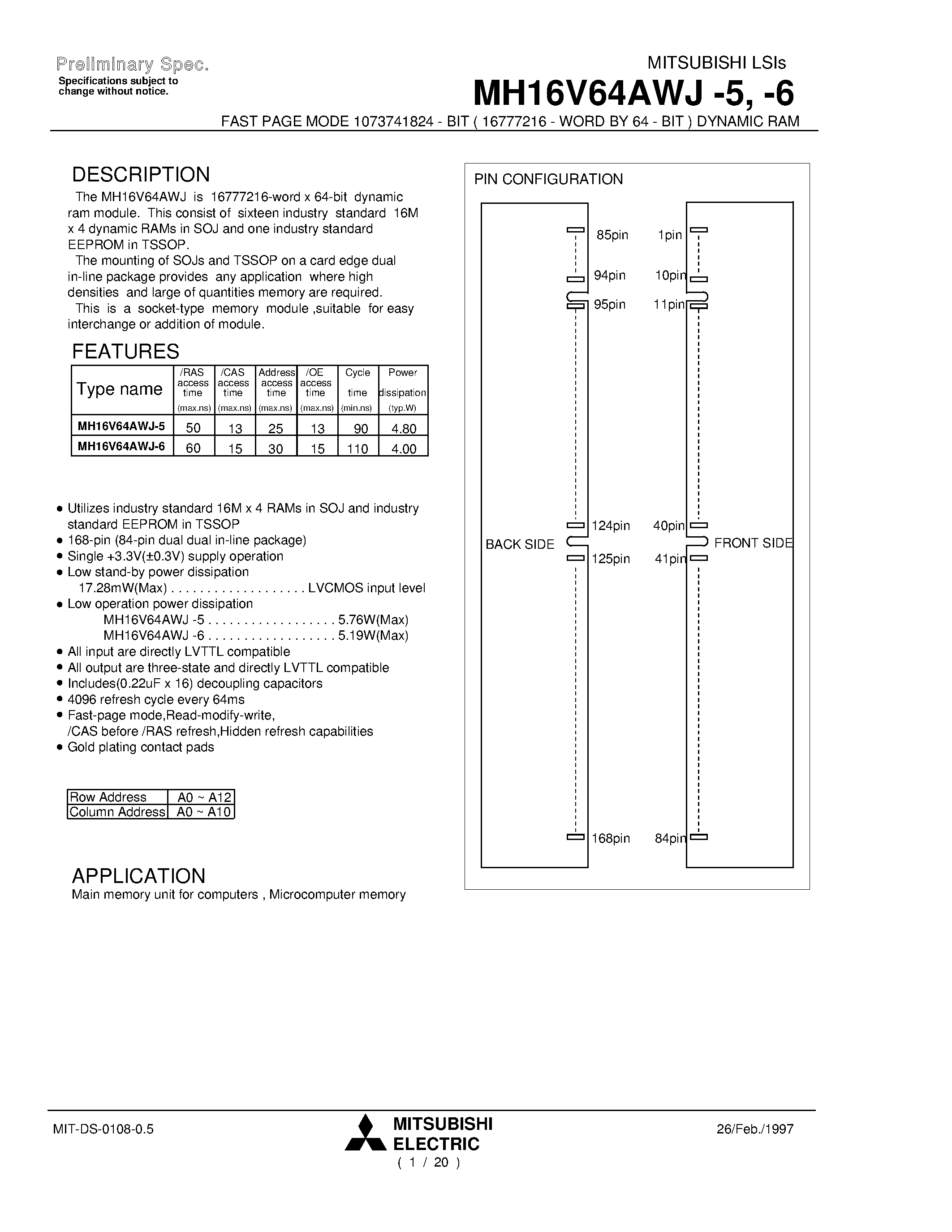 Даташит MH16V64AWJ-6 - FAST PAGE MODE 1073741824 - BIT ( 16777216 - WORD BY 64 - BIT ) DYNAMIC RAM страница 1