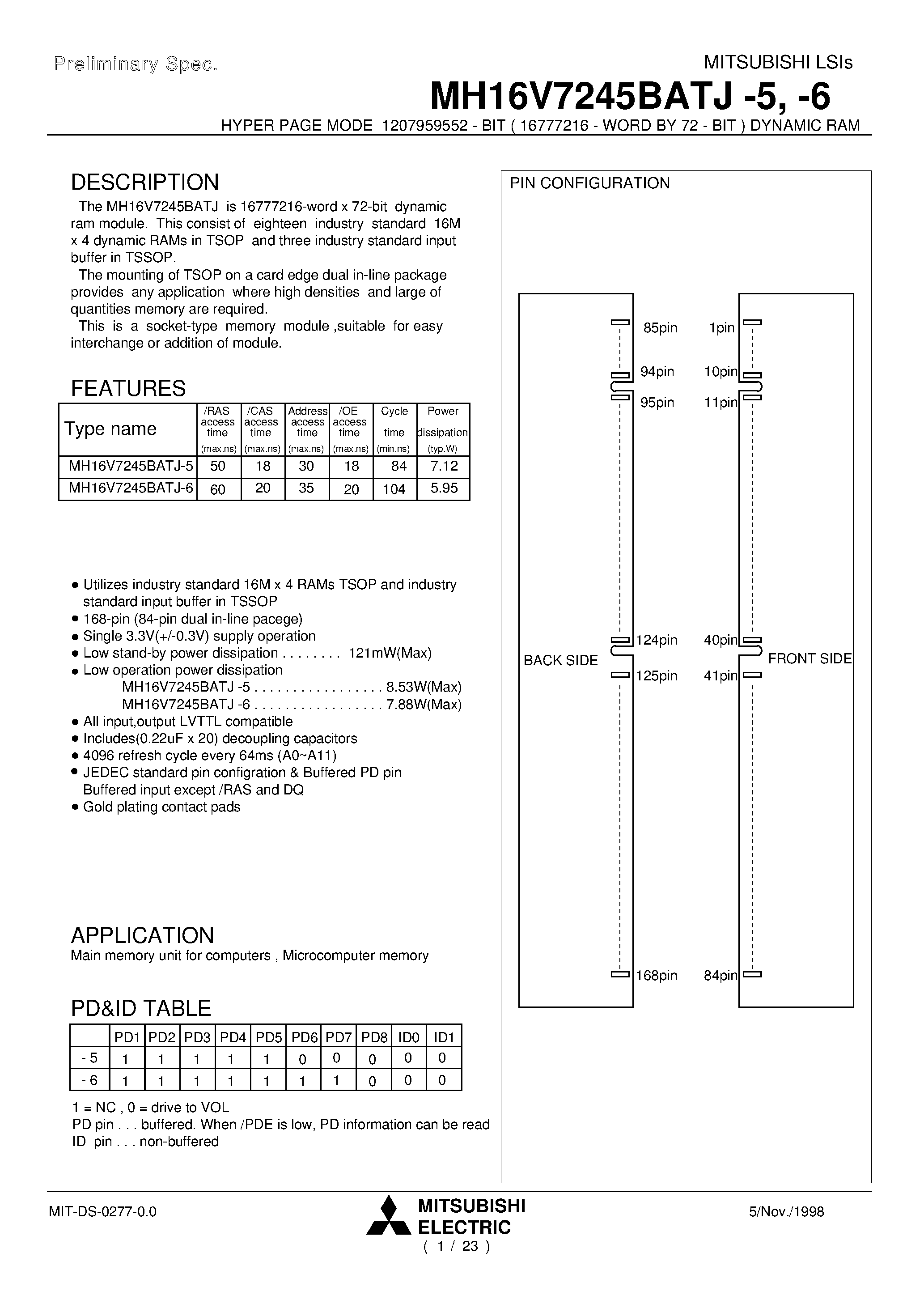 Даташит MH16V7245BATJ-6 - HYPER PAGE MODE 1207959552 - BIT ( 16777216 - WORD BY 72 - BIT ) DYNAMIC RAM страница 1