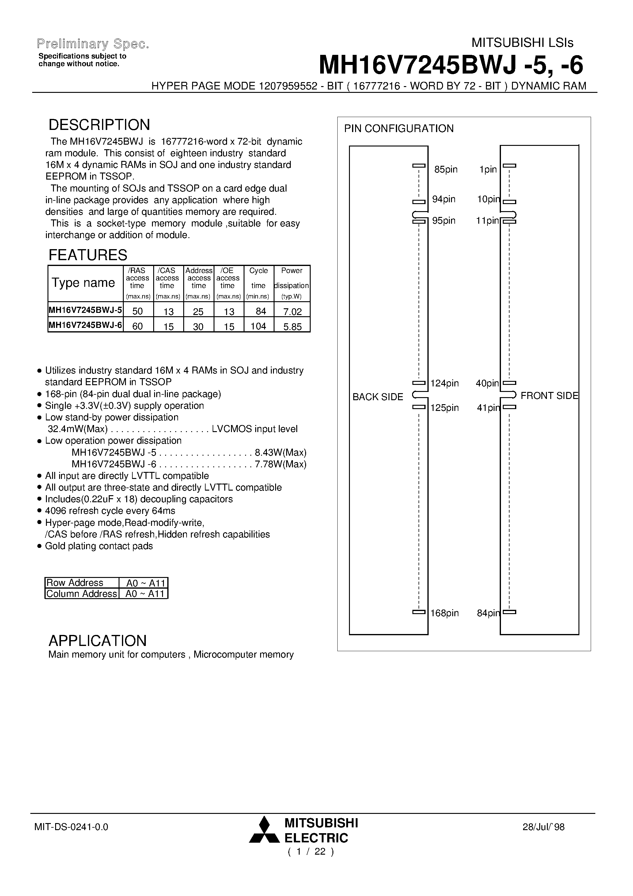 Даташит MH16V7245BWJ-6 - HYPER PAGE MODE 1207959552 - BIT ( 16777216 - WORD BY 72 - BIT ) DYNAMIC RAM страница 1