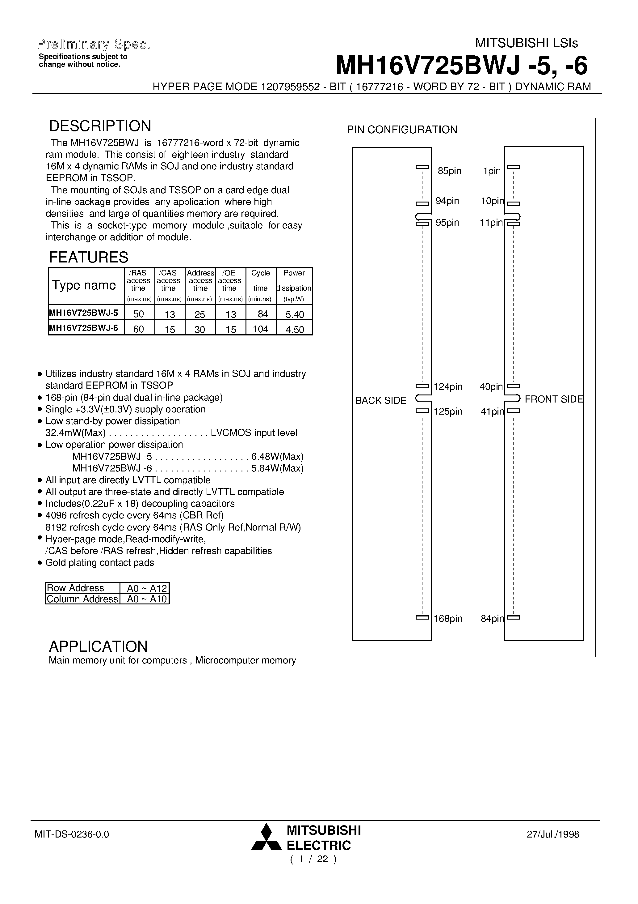 Даташит MH16V725BWJ-6 - HYPER PAGE MODE 1207959552 - BIT ( 16777216 - WORD BY 72 - BIT ) DYNAMIC RAM страница 1