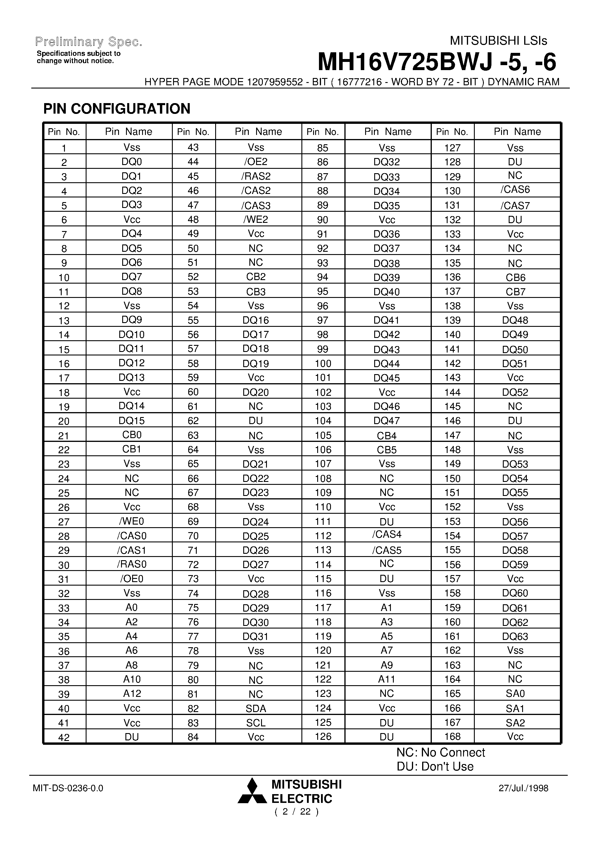 Даташит MH16V725BWJ-6 - HYPER PAGE MODE 1207959552 - BIT ( 16777216 - WORD BY 72 - BIT ) DYNAMIC RAM страница 2