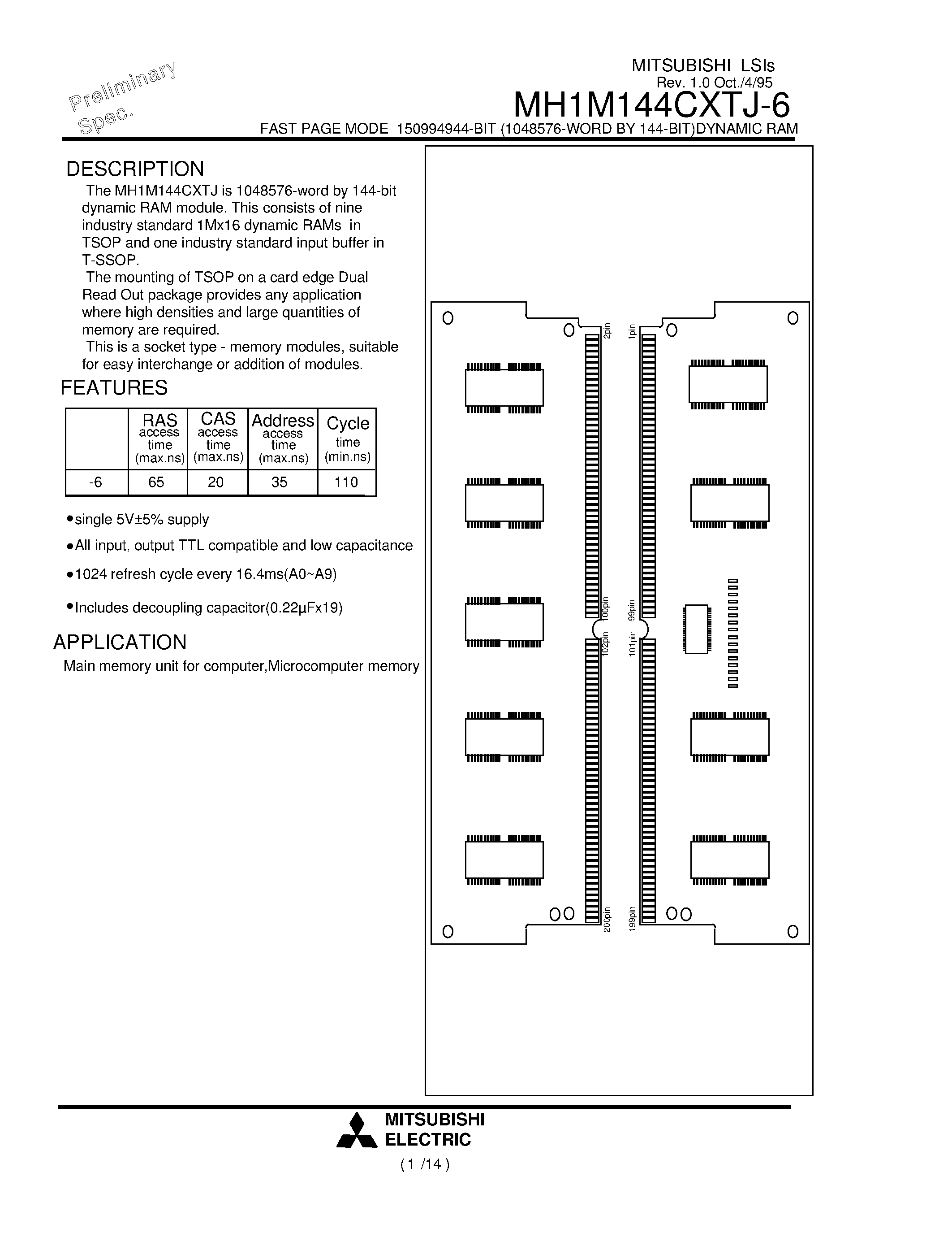 Даташит MH1M144CXTJ-6 - FAST PAGE MODE 150994944-BIT (1048576-WORD BY 144-BIT)DYNAMIC RAM страница 1