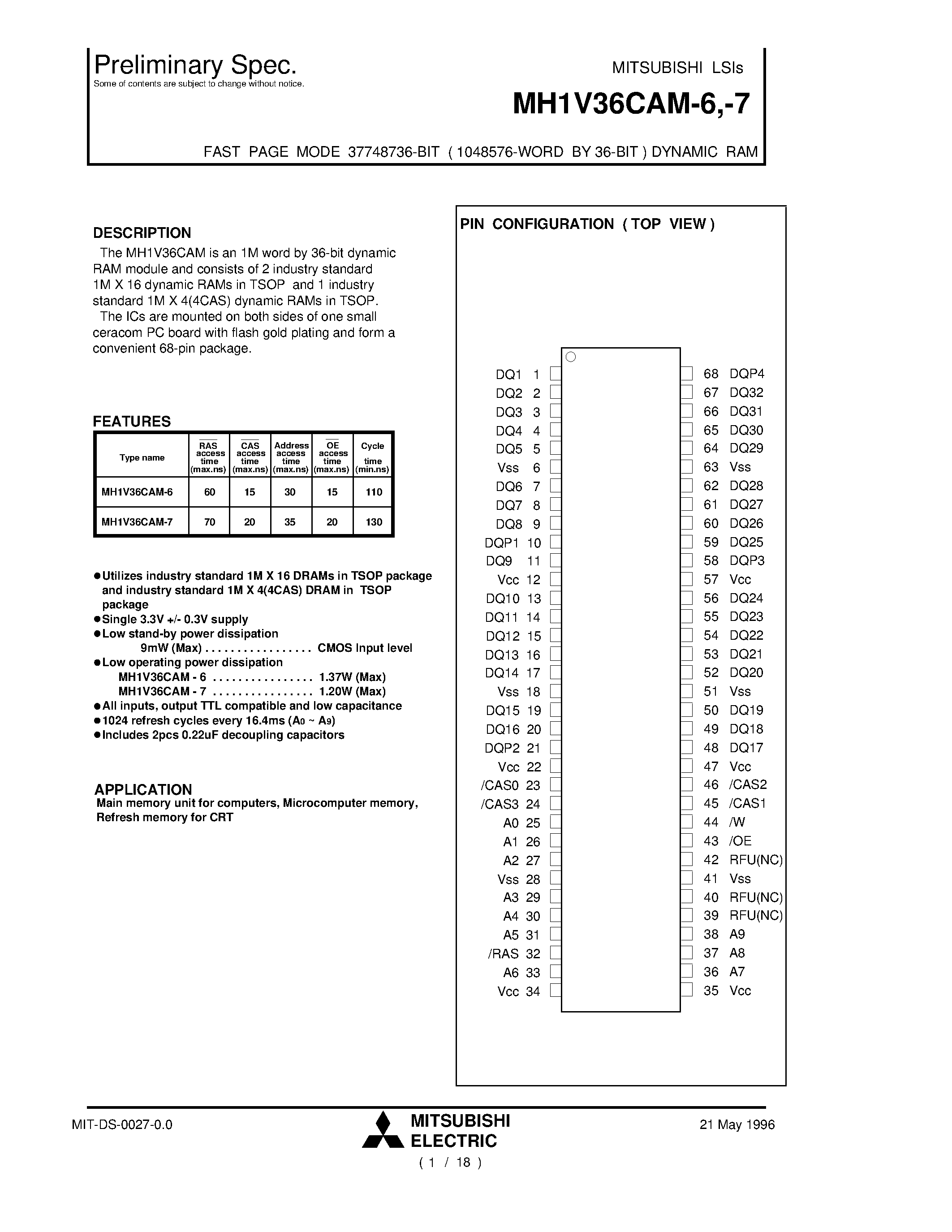 Даташит MH1V36CAM-6 - FAST PAGE MODE 37748736-BIT ( 1048576-WORD BY 36-BIT ) DYNAMIC RAM страница 1