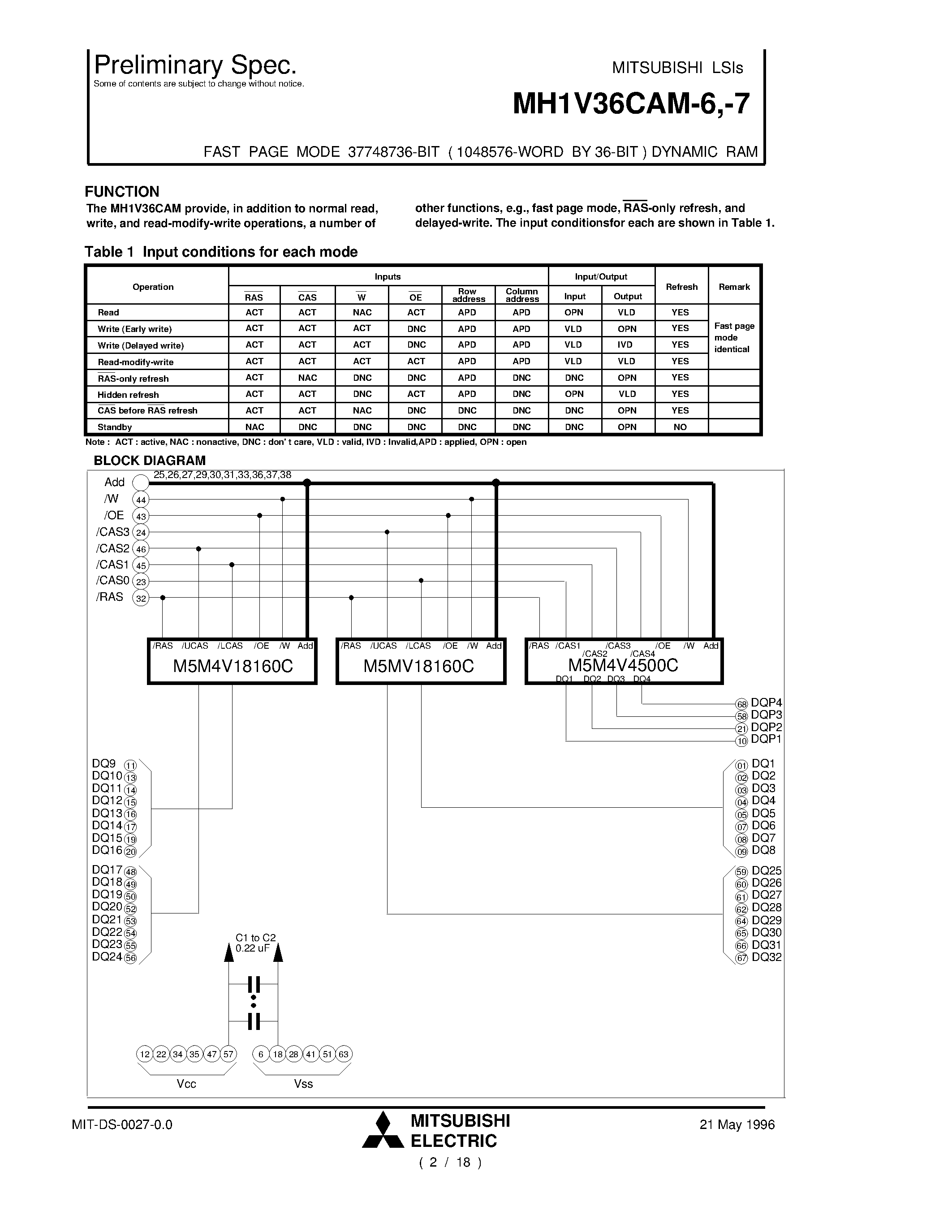 Даташит MH1V36CAM-6 - FAST PAGE MODE 37748736-BIT ( 1048576-WORD BY 36-BIT ) DYNAMIC RAM страница 2