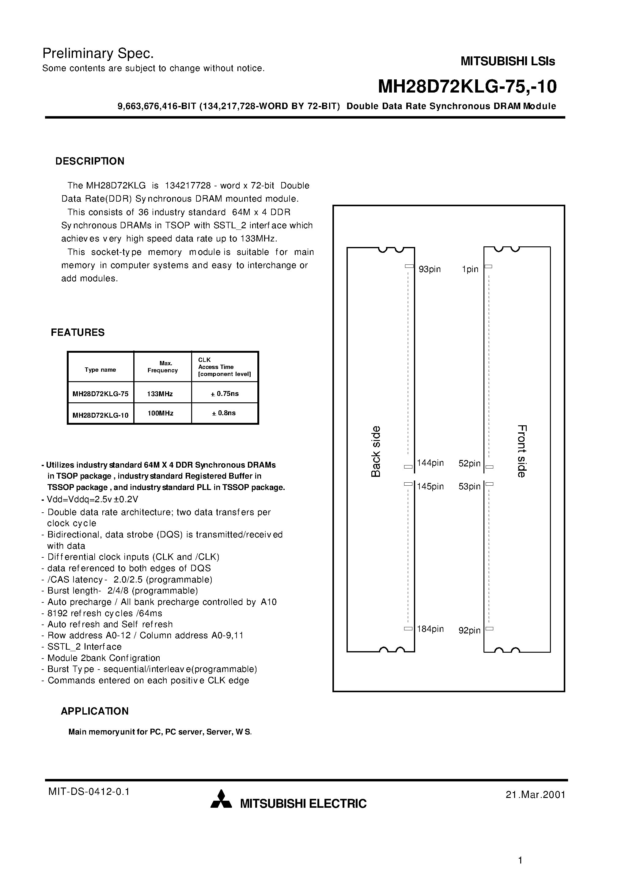 Даташит MH28D72KLG-10 - 9 /663 /676 /416-BIT (134 /217 /728-WORD BY 72-BIT) Double Data Rate Synchronous DRAM Module страница 1