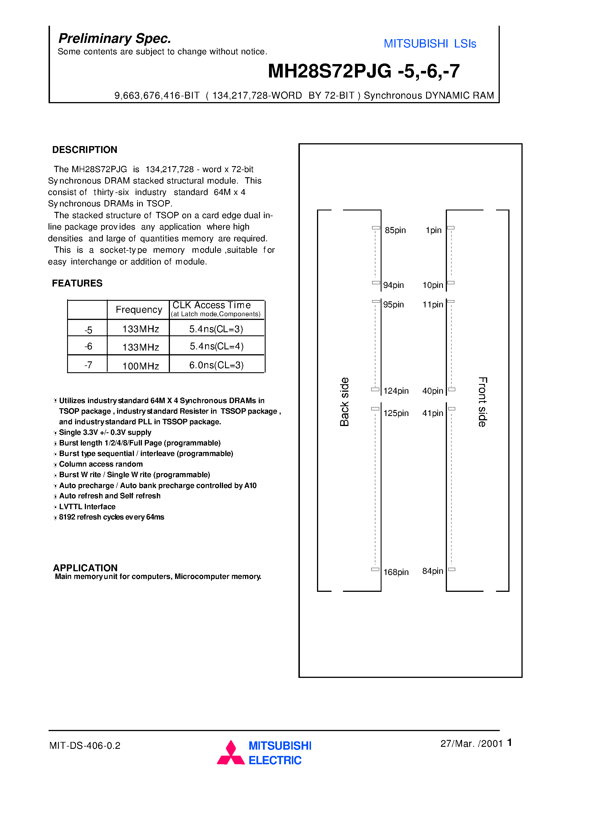 Даташит MH28S72PJG-5 - 9 /663 /676 /416-BIT ( 134 /217 /728-WORD BY 72-BIT ) Synchronous DYNAMIC RAM страница 1