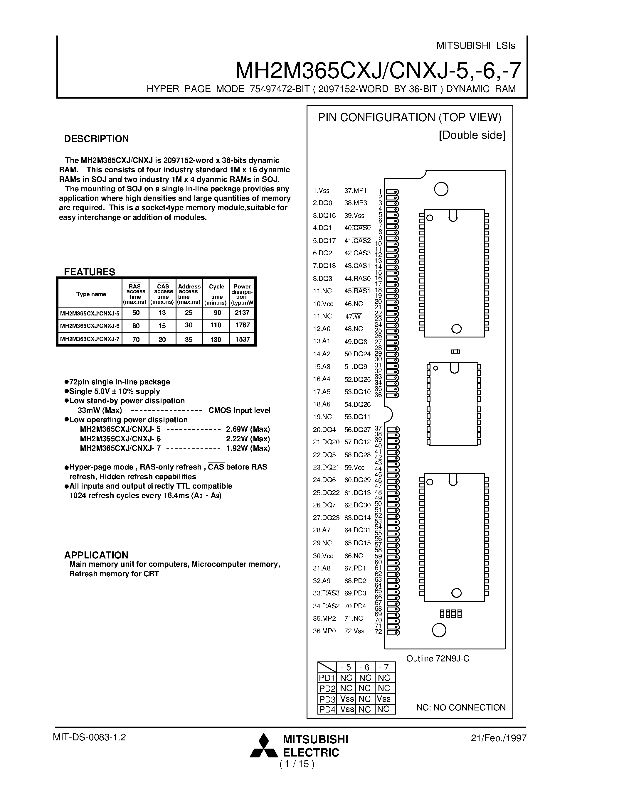 Даташит MH2M365CNXJ-6 - HYPER PAGE MODE 75497472-BIT ( 2097152-WORD BY 36-BIT ) DYNAMIC RAM страница 1