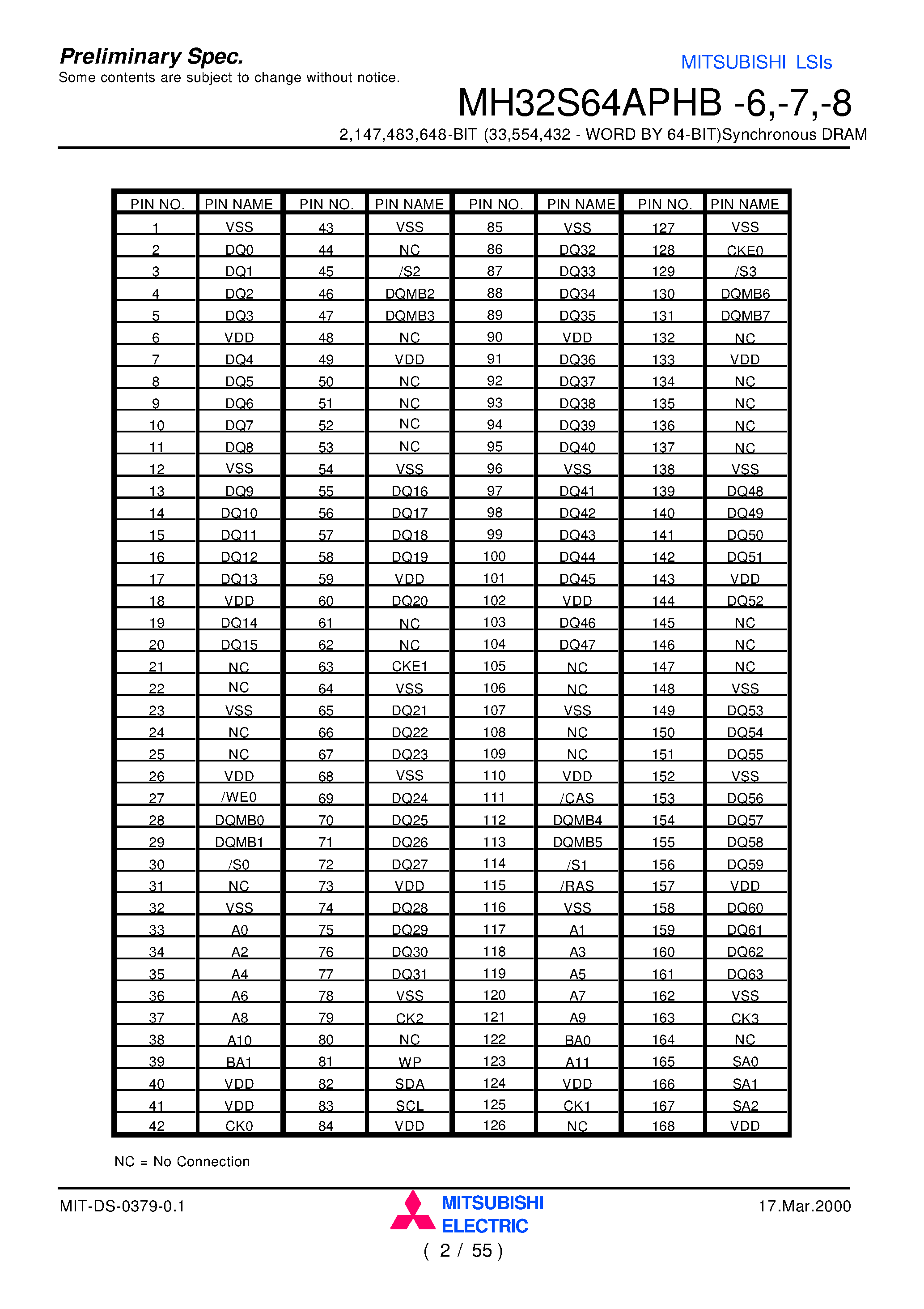 Даташит MH32S64APHB-6 - 2 /147 /483 /648-BIT (33 /554 /432 - WORD BY 64-BIT)Synchronous DRAM страница 2