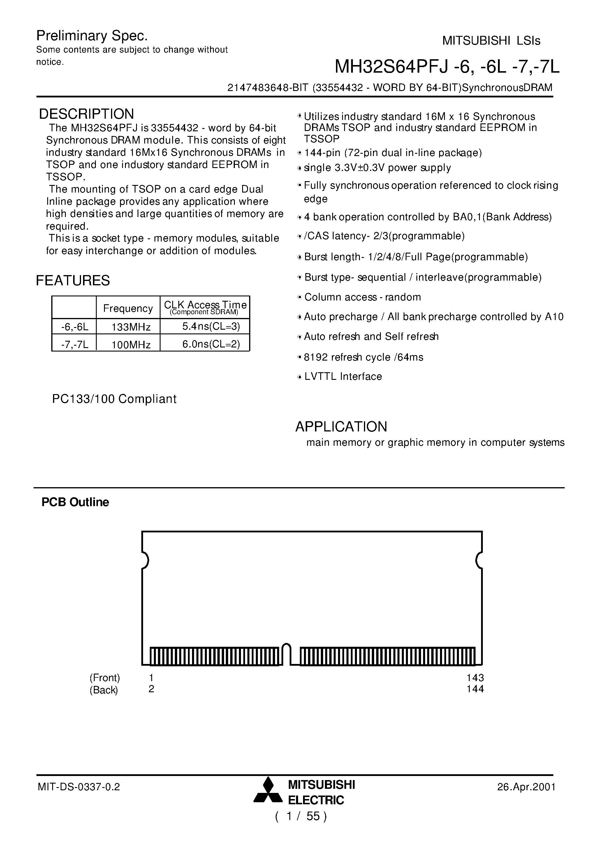 Даташит MH32S64PFJ-6 - 2147483648-BIT (33554432 - WORD BY 64-BIT)SynchronousDRAM страница 1