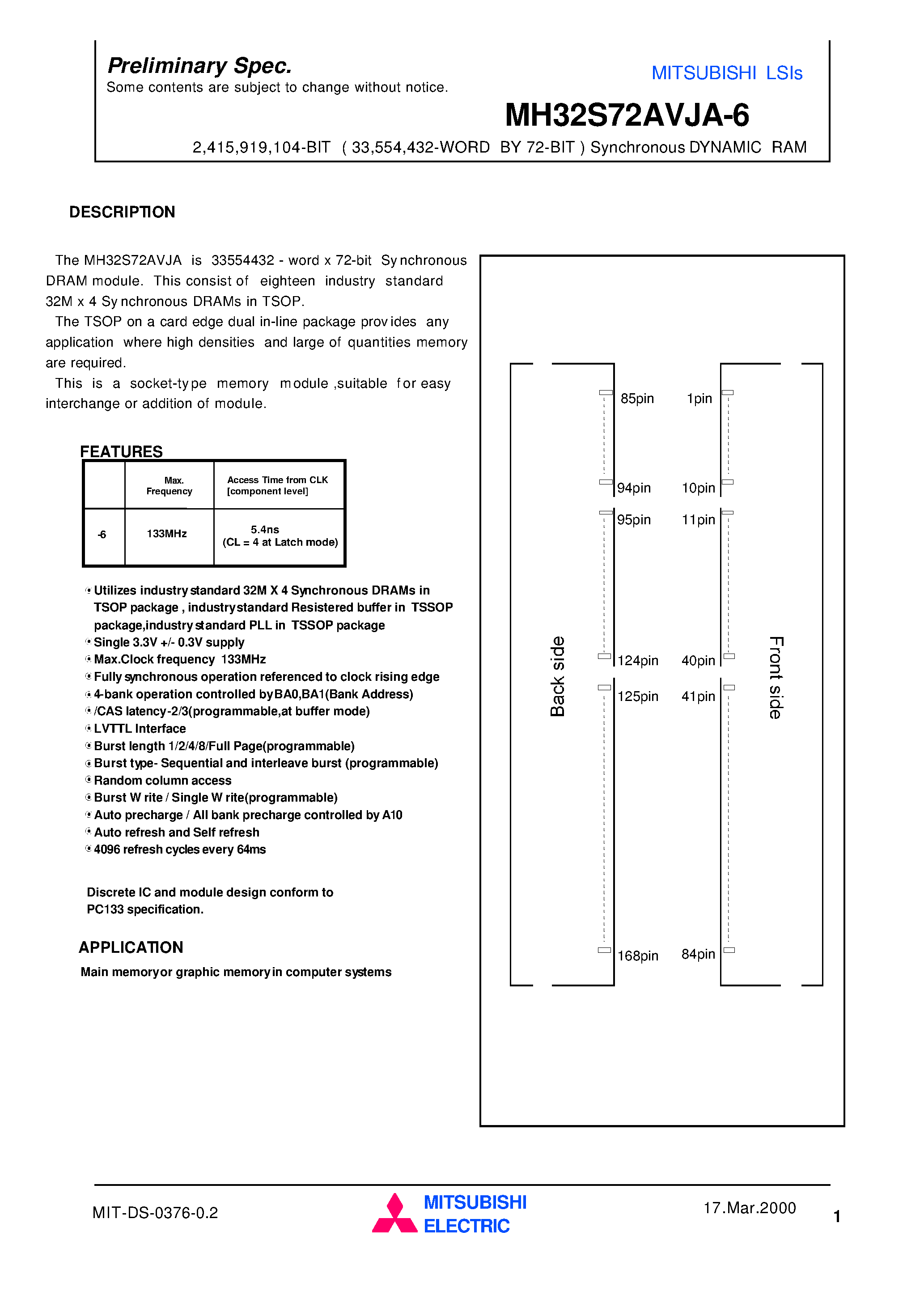 Даташит MH32S72AVJA-6 - 2 /415 /919 /104-BIT ( 33 /554 /432-WORD BY 72-BIT ) Synchronous DYNAMIC RAM страница 1