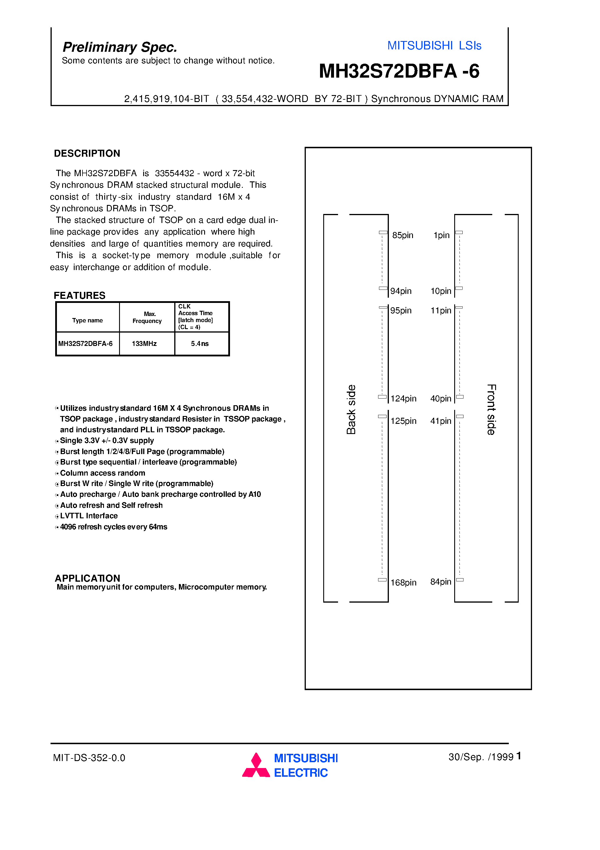 Даташит MH32S72DBFA-6 - 2 /415 /919 /104-BIT ( 33 /554 /432-WORD BY 72-BIT ) Synchronous DYNAMIC RAM страница 1