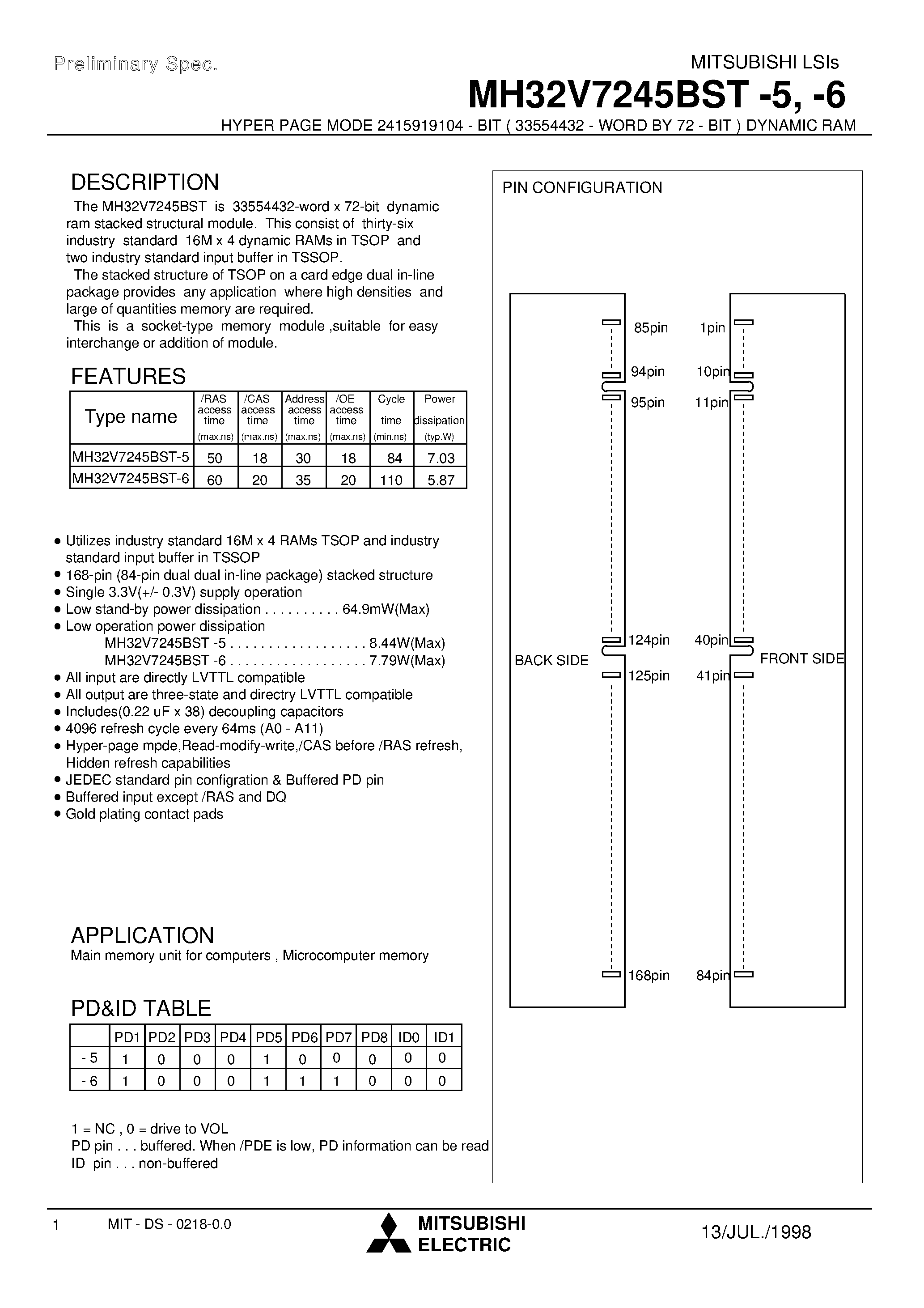 Даташит MH32V7245BST-6 - HYPER PAGE MODE 2415919104 - BIT ( 33554432 - WORD BY 72 - BIT ) DYNAMIC RAM страница 1