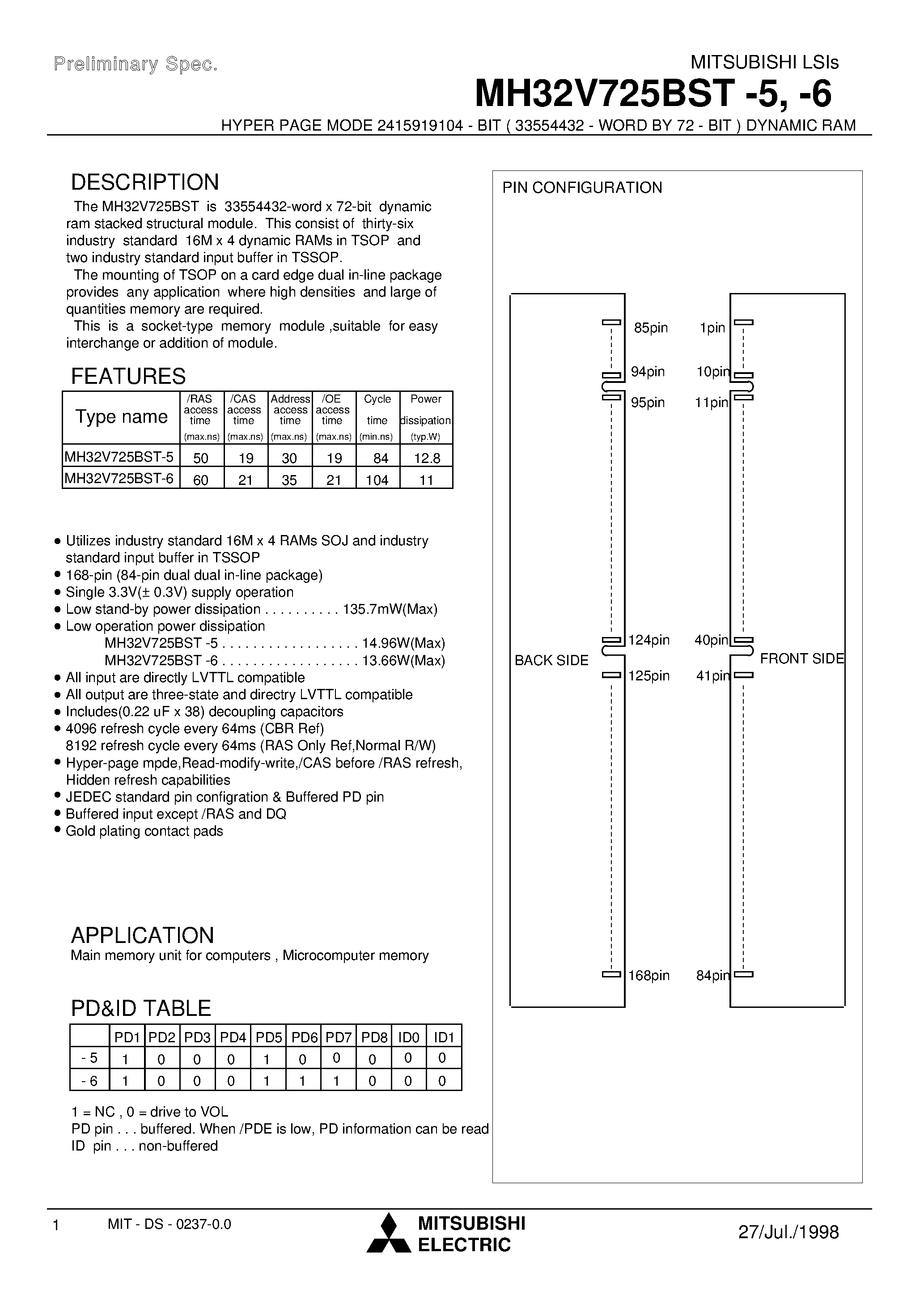 Даташит MH32V725BST-6 - HYPER PAGE MODE 2415919104 - BIT ( 33554432 - WORD BY 72 - BIT ) DYNAMIC RAM страница 1