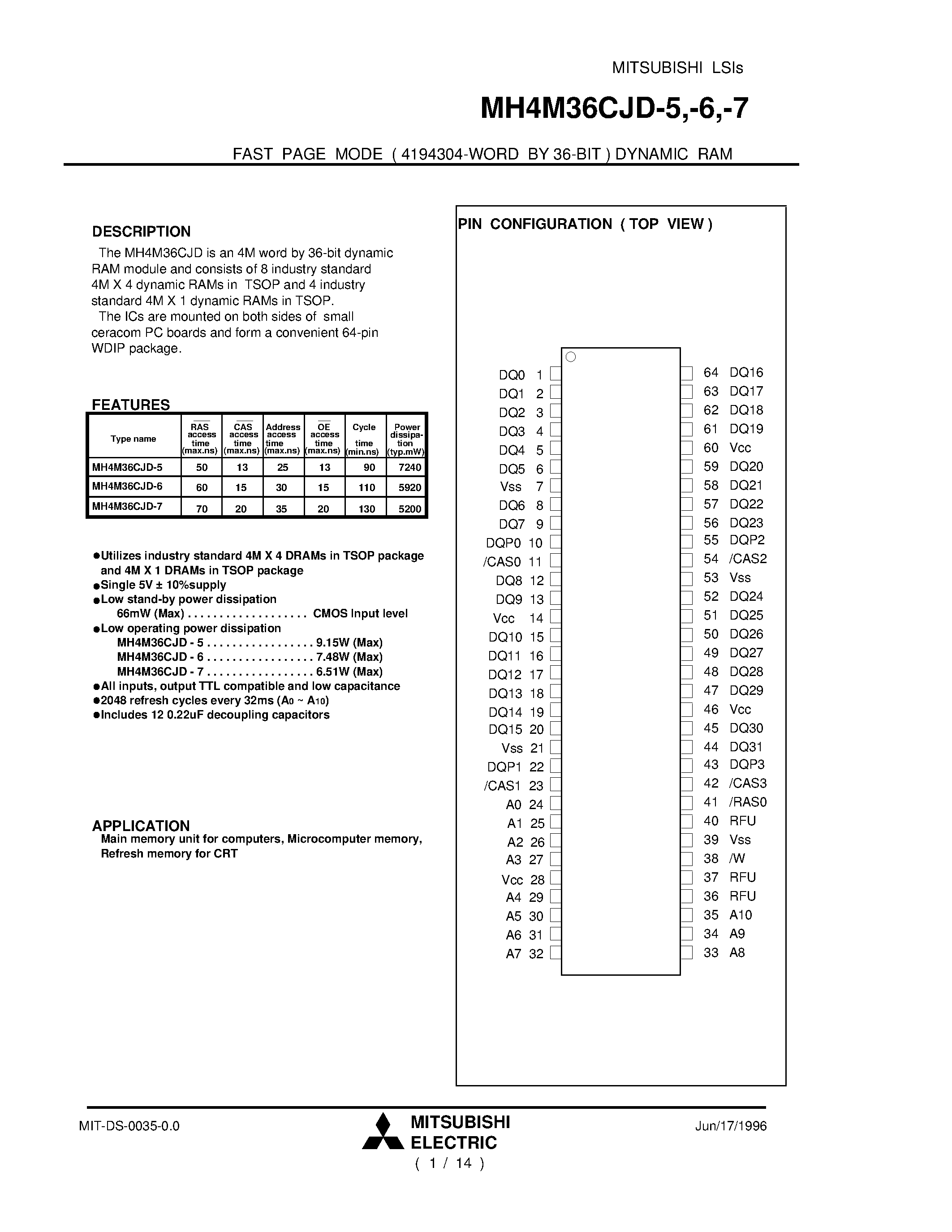 Даташит MH4M36CJD-6 - FAST PAGE MODE ( 4194304-WORD BY 36-BIT ) DYNAMIC RAM страница 1