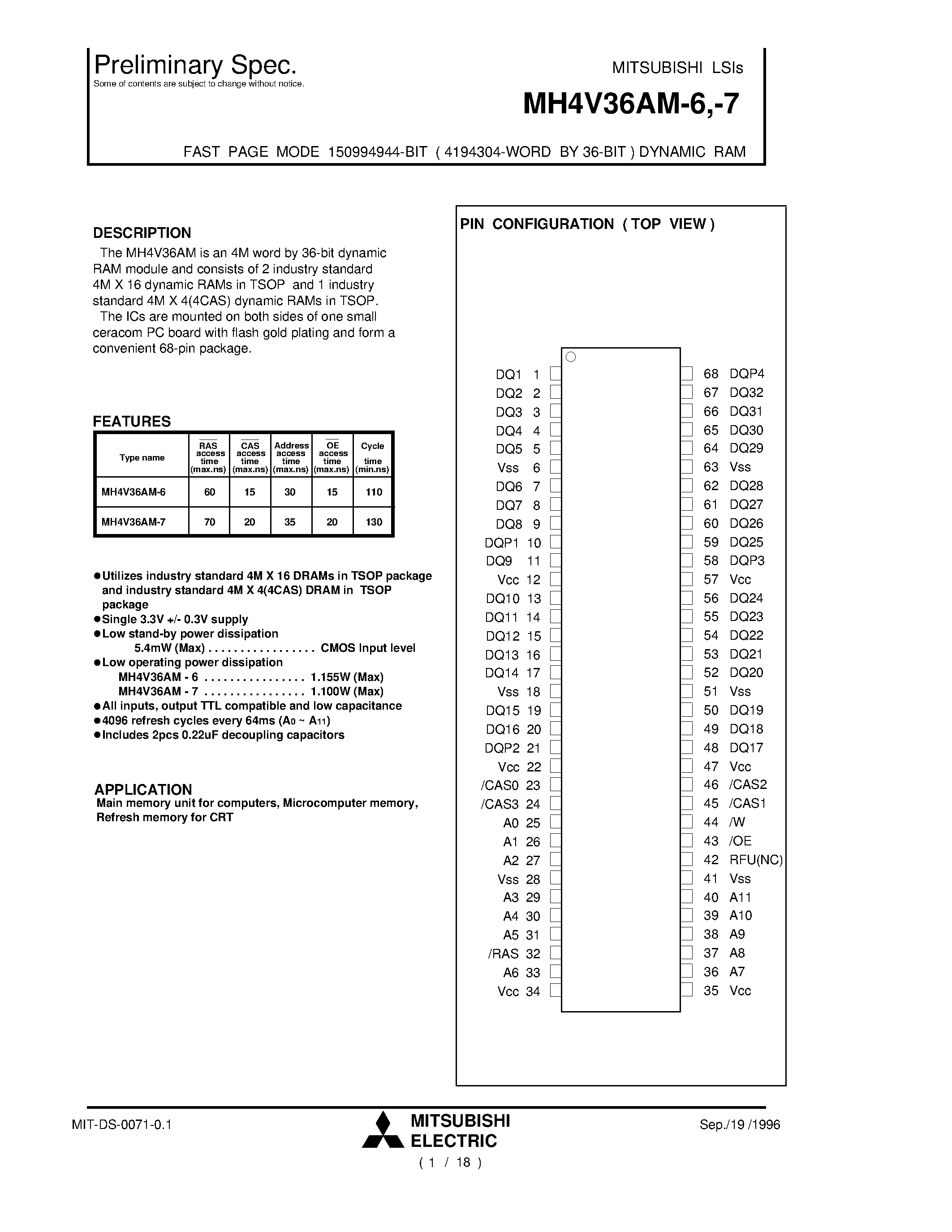 Даташит MH4V36AM-6 - FAST PAGE MODE 150994944-BIT ( 4194304-WORD BY 36-BIT ) DYNAMIC RAM страница 1