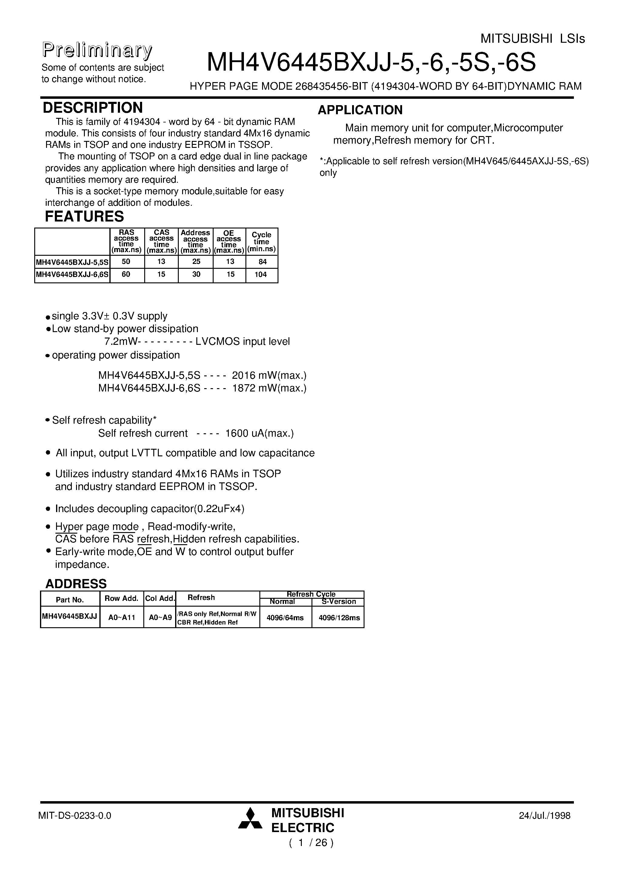 Даташит MH4V6445BXJJ-6 - HYPER PAGE MODE 268435456-BIT (4194304-WORD BY 64-BIT)DYNAMIC RAM страница 1